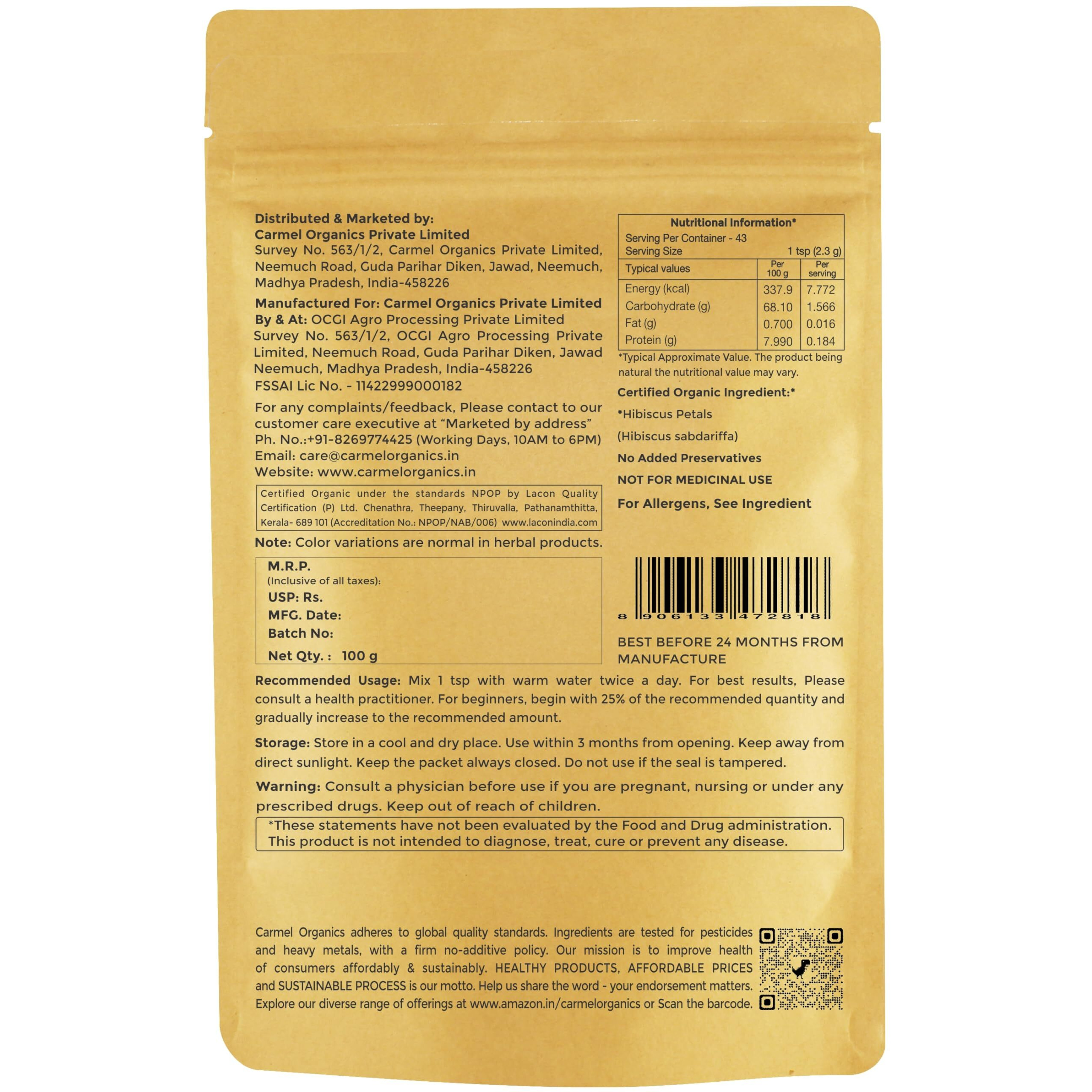 CARMEL ORGANICS Hibiscus Petals Powder (100 Grams) | Hibiscus Sabdariffa | Jaivik Bharat Certified | Sembaruthi Podi | No Added Preservatives & Additives