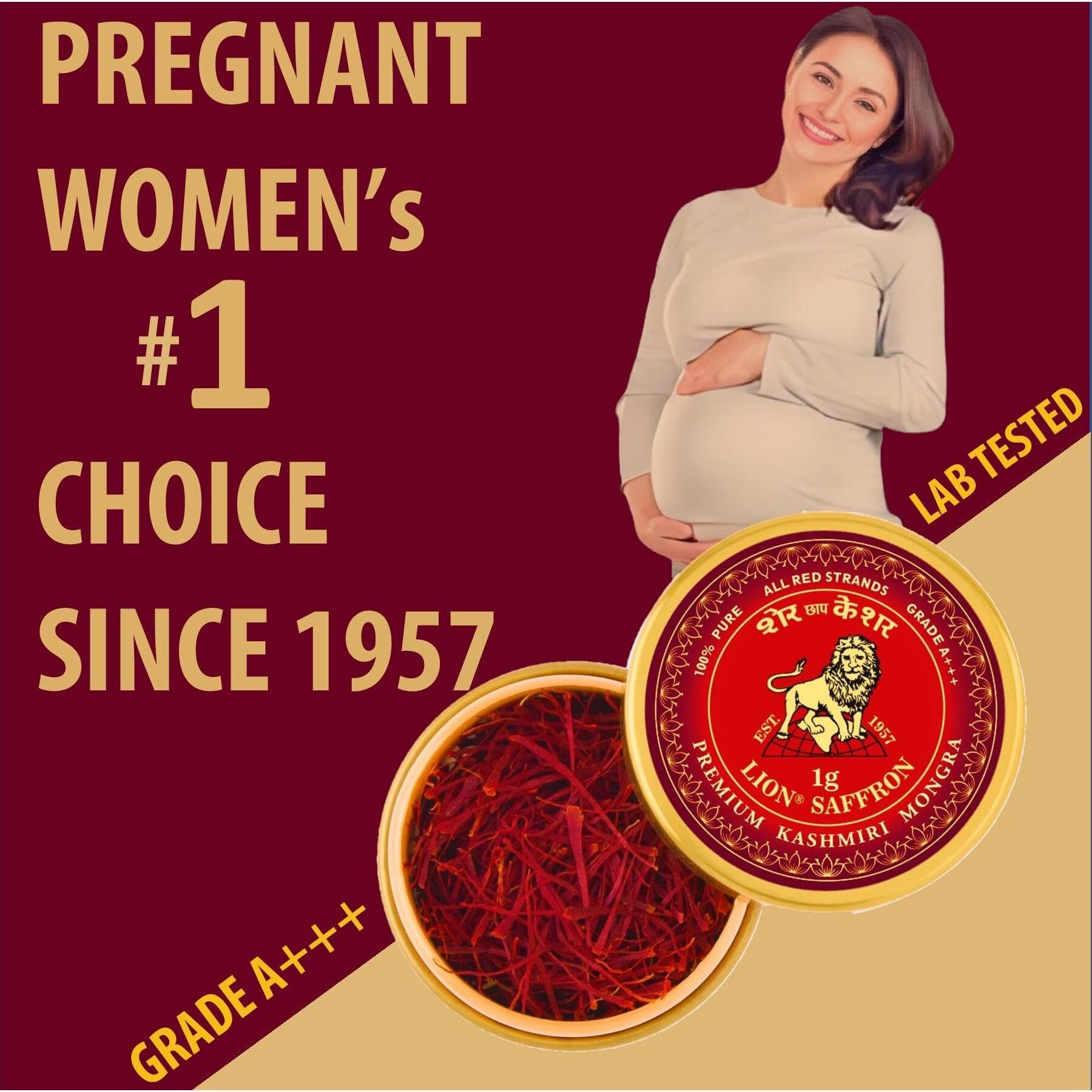 LION BRAND SAFFRON 2g, Premium Kashmiri Mongra Saffron/Kesar (Grade A+++) for Pregnant Women, Biryani, Beauty, Cooking and Sweets (Pack of 2, 2 X 1gm  2grams)