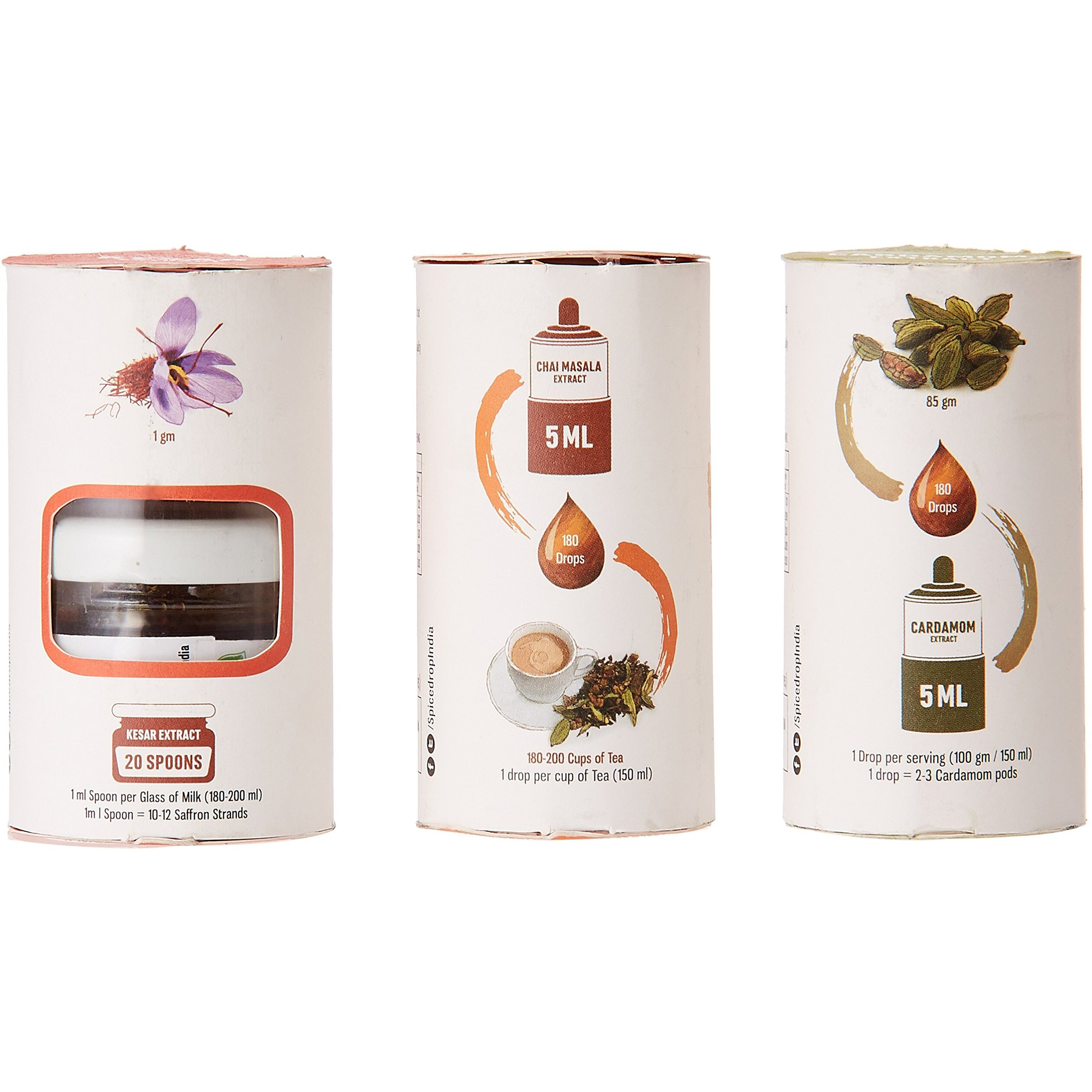 Spice Drop Royal Beverage Combo | Natural Extract of Kesar (Saffron) Masala, Cardamom (Elaichi) & Chai (Tea) Masala |Food, Beverages and Dessert | Free 1ML Spoon| 30ML (2x5ML and 1 x20 ML)