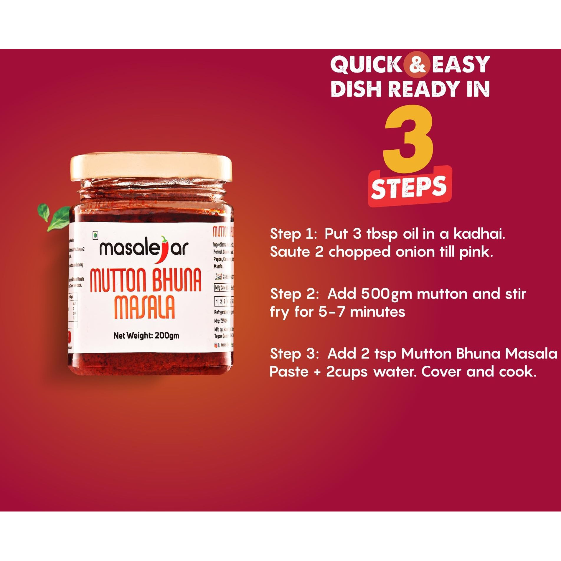 Masalejar Ready to Cook Mutton Bhuna Masala Spice Mix 200gm Serves 5-6 | Chicken Bhuna Meat Masala | Just Mix & Cook | No added Preservatives (Pack of 1)