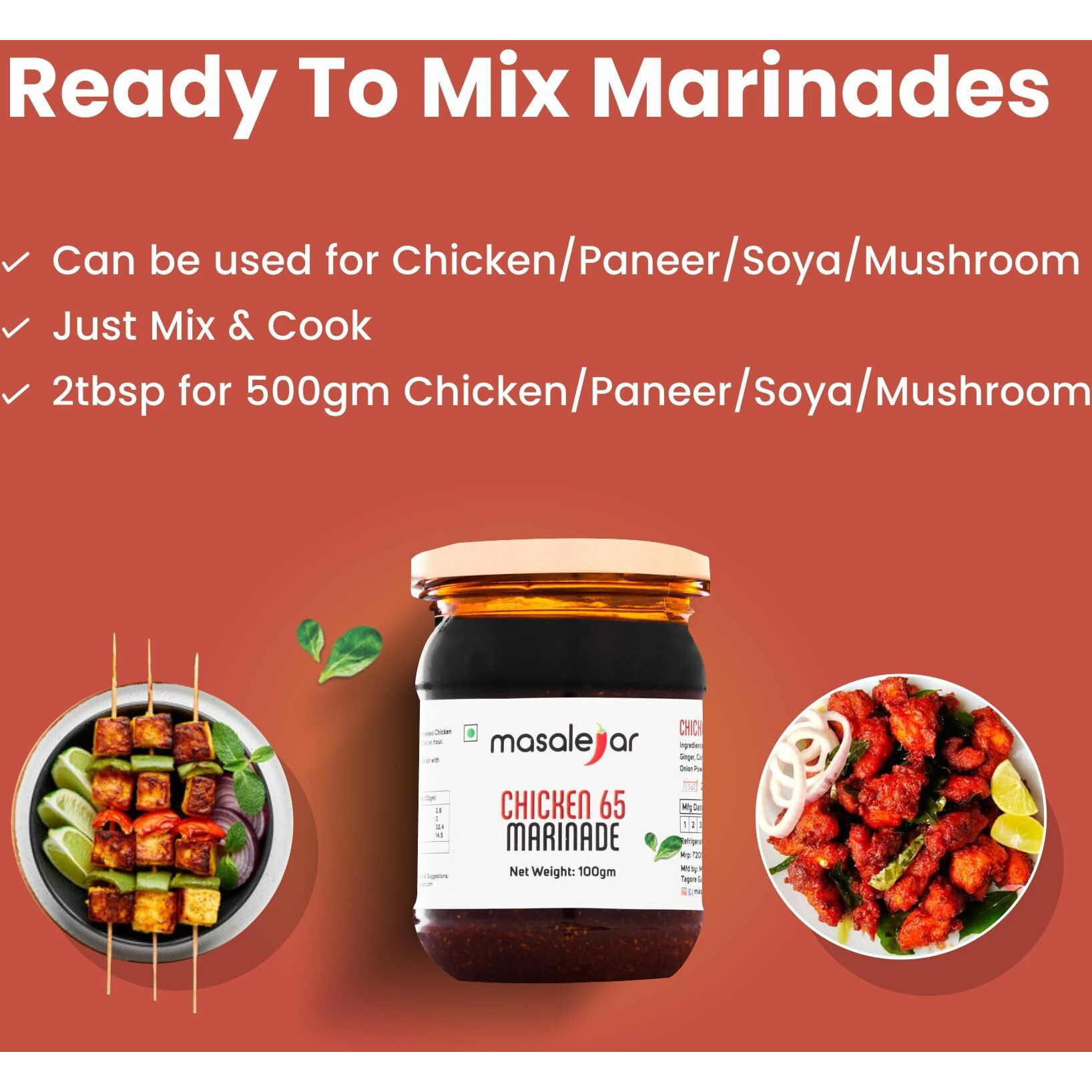 Masalejar Chicken 65 Marinade 100 gm Serves 3-4 | Ready to Cook Spice Marination Paste Mix Chicken Masala | Paneer Masala | Just Mix & Cook | Cholesterol & Trans Fat Free | No added colours