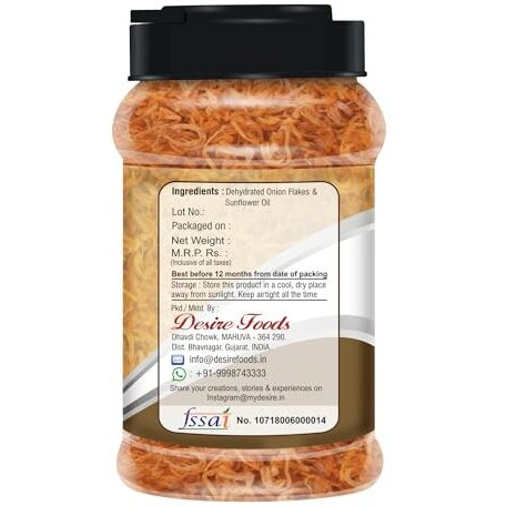 Desire Golden Fried Onion 250g in Jar - Ready to Use, Crunchy, Crispy, and Delicious Fried Onions for Cooking, Toppings, and Garnishing | No Preservatives | 100% Natural | Pack of 1