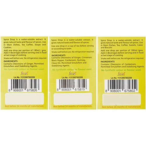 Spice Drop Chai Masala Tea Combo | Natural Extract of Ginger (Adrak), Tea Masala (Chai Masala) and Cardamom (Elaichi) | Food, Beverages and Dessert |1 Bottle 180 Drops (5 ML x 3 Packs)