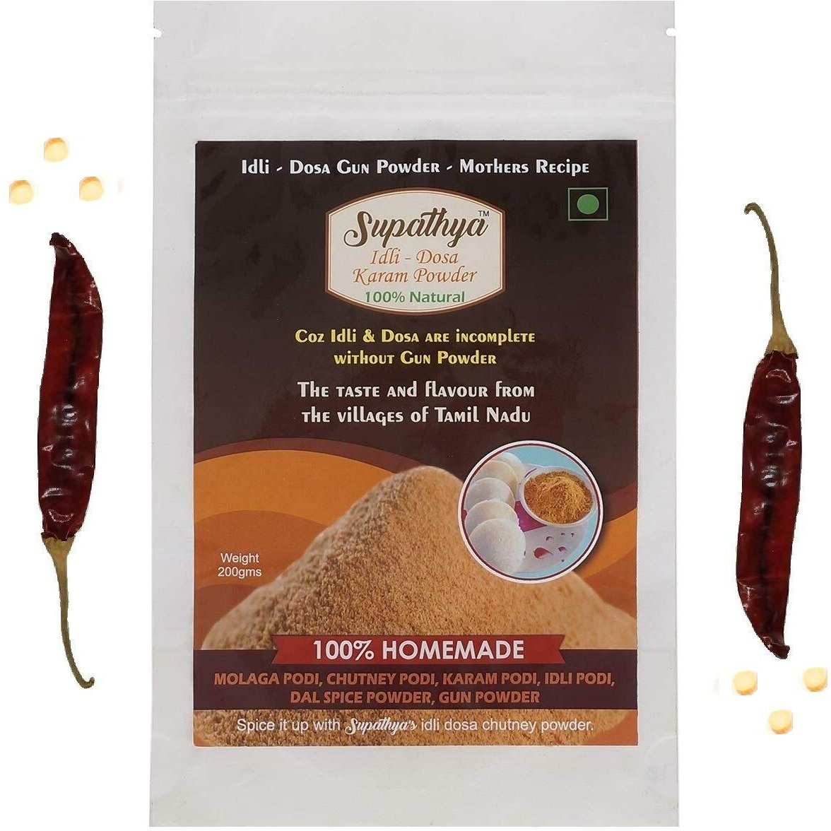 Supathya Milagai podi - Idli Dosa Powder - Chutney podi Masala - Gun Powder - Karam Molaga Podi - 200g (Spice Low Texture Course)