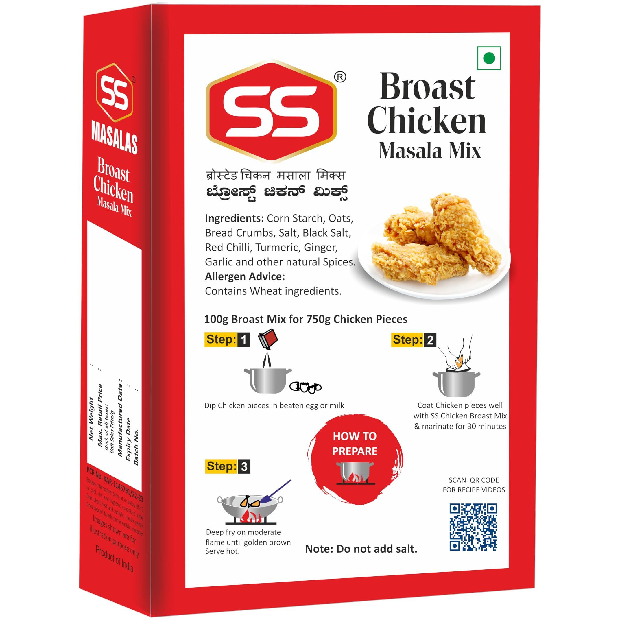 SS Masalas Broast Chicken Mix, Crispy Crunchy Instant Fried Chicken Coating Masala 300g (Pack of 3, 100g each)