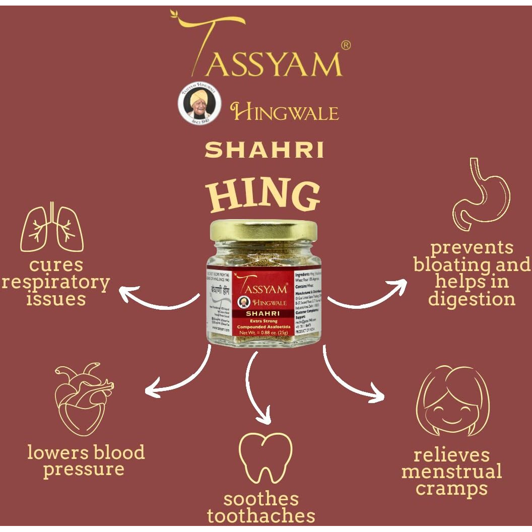 Tassyam Hingwale Extra Strong Shahri Hing 250g (10x 25g) Bottle | Hand Pounded & Natural | Jain Hing