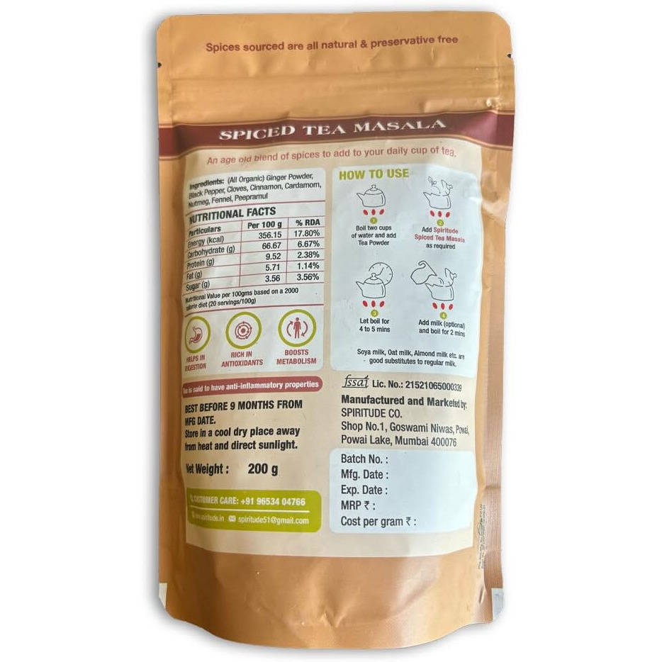 Spiritude Tea Masala Powder 200gm 400 Cups Chai Masala Powder Kadak Chai with 7 Aromatic Spices 100% Organic Ingredients, Invigorating, Refreshing, Immunity Booster with No Preservative