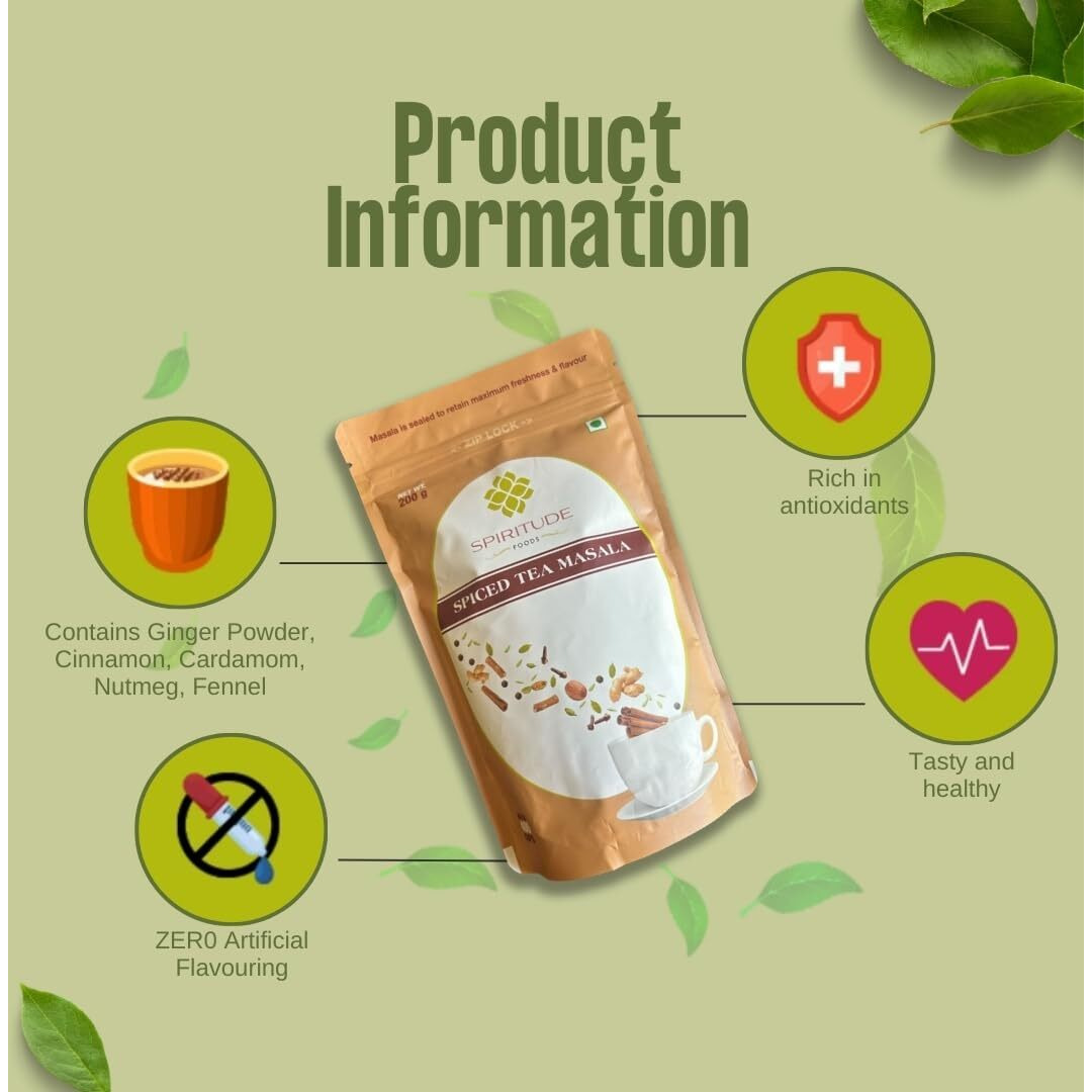 Spiritude Tea Masala Powder 200gm 400 Cups Chai Masala Powder Kadak Chai with 7 Aromatic Spices 100% Organic Ingredients, Invigorating, Refreshing, Immunity Booster with No Preservative
