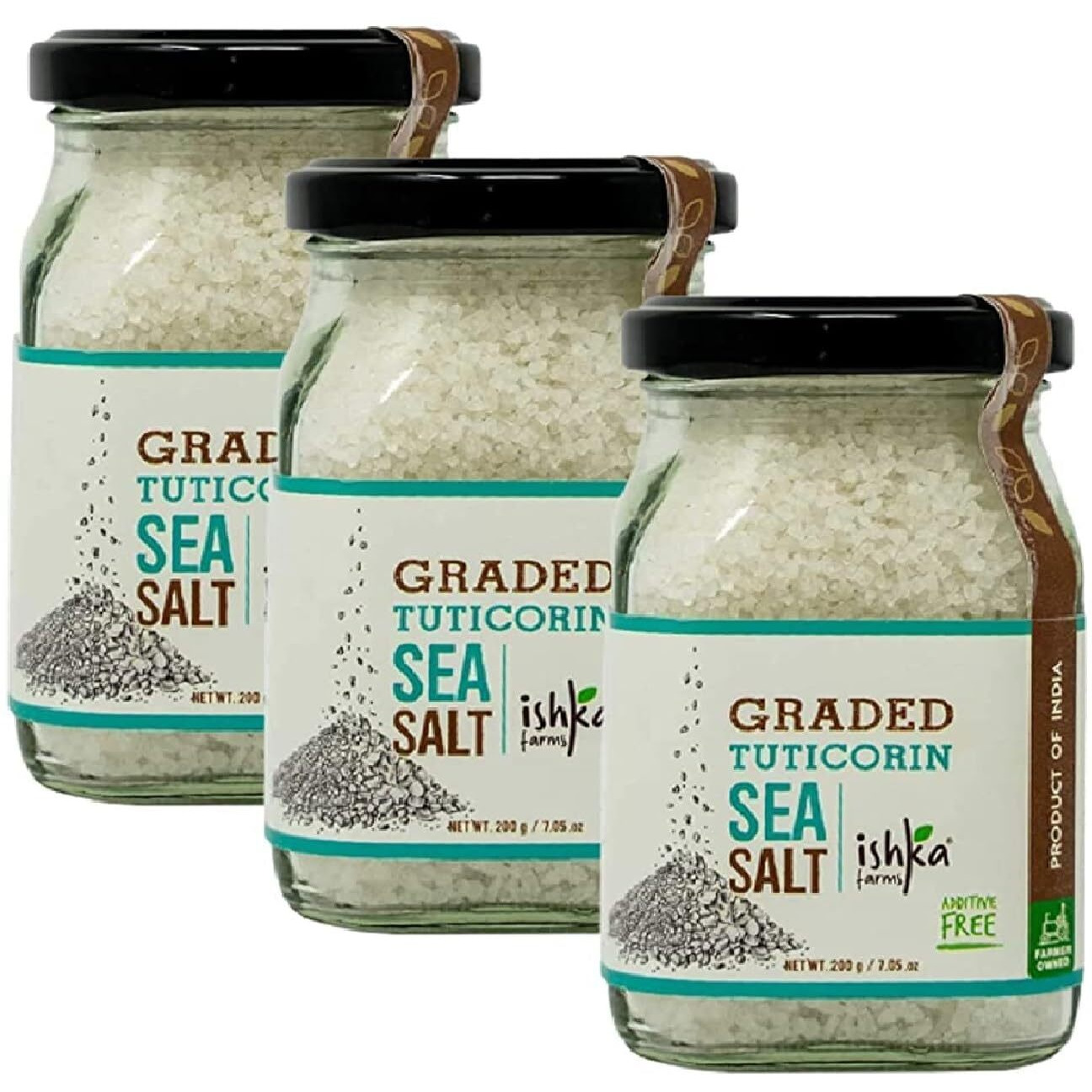 Ishka Farms Organic Graded Tuticorin Sea Salt Bottle- Pack of 3 x 200g, Organic Sea Salt for Cooking, Baking and Pickling