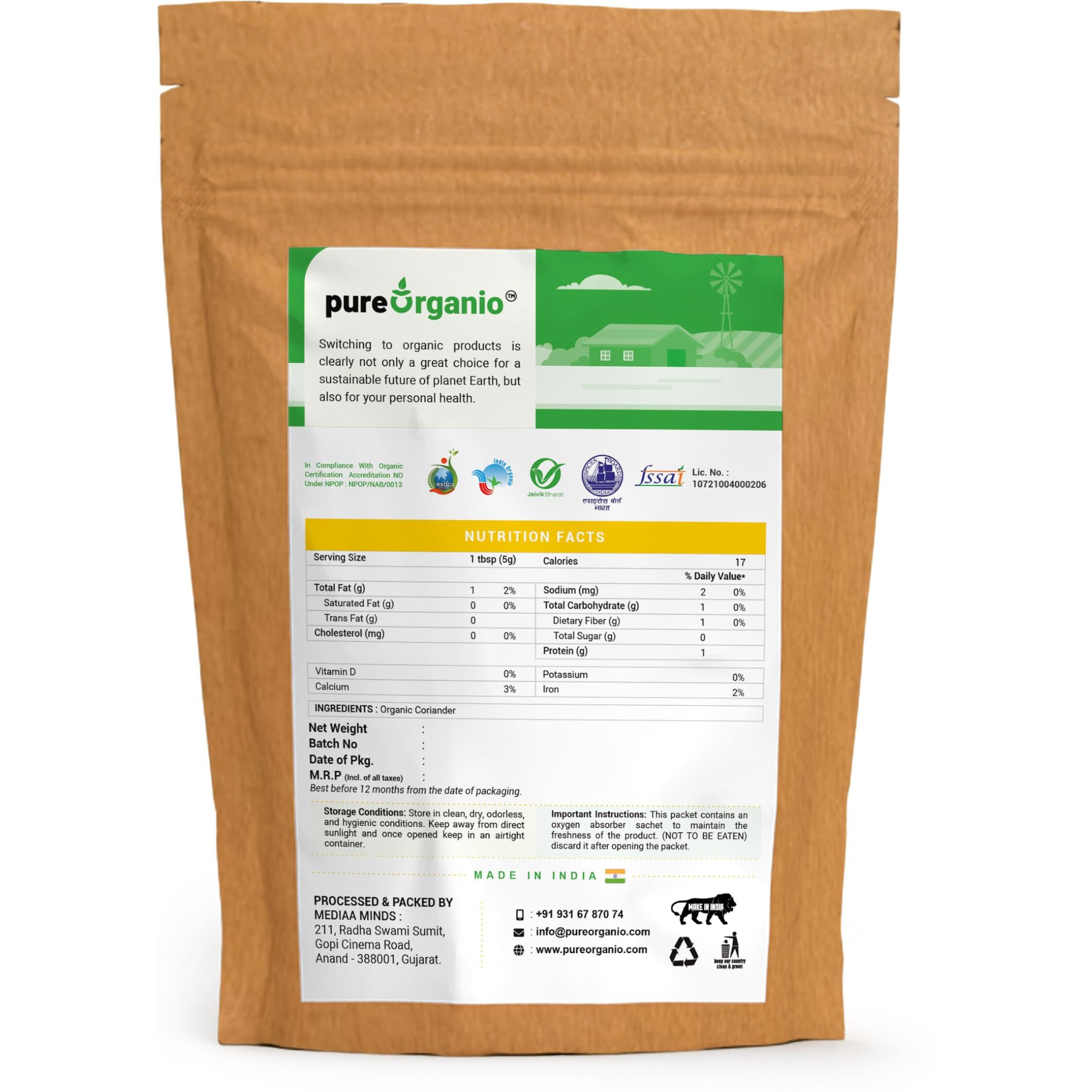 Pure Organio Organic Dhaniya Powder, Traditional Dhania Powder, Authentic Indian Organic Coriander Powder, Suitable for All Your Cooking Needs, NPOP Organic Certified - 1 Kg