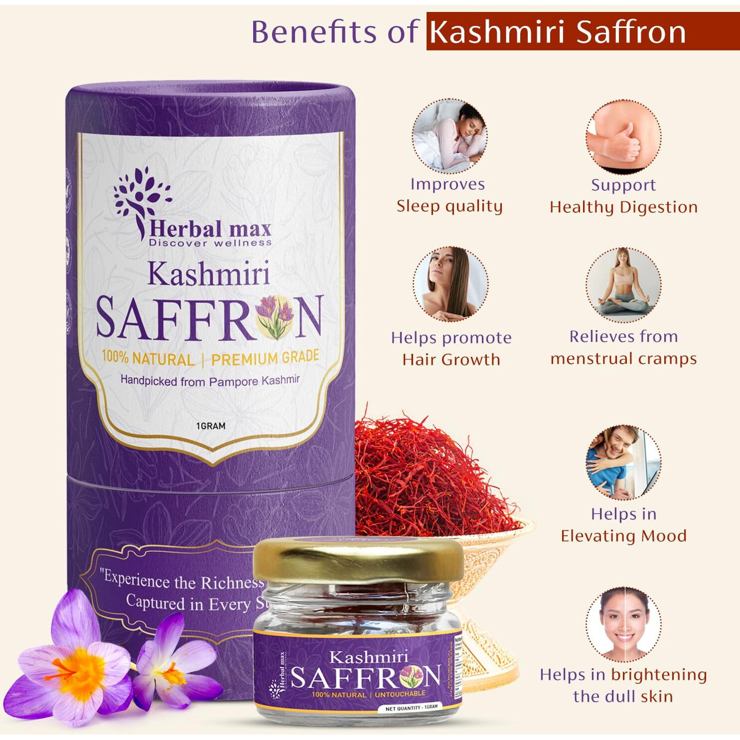 Herbal max Kashmiri Mongra Saffron Kesar, 1g Pack of 2 | A+++ Grade | For Food, Cooking, Sweets Personal Use | Natural Jaffran Leaves