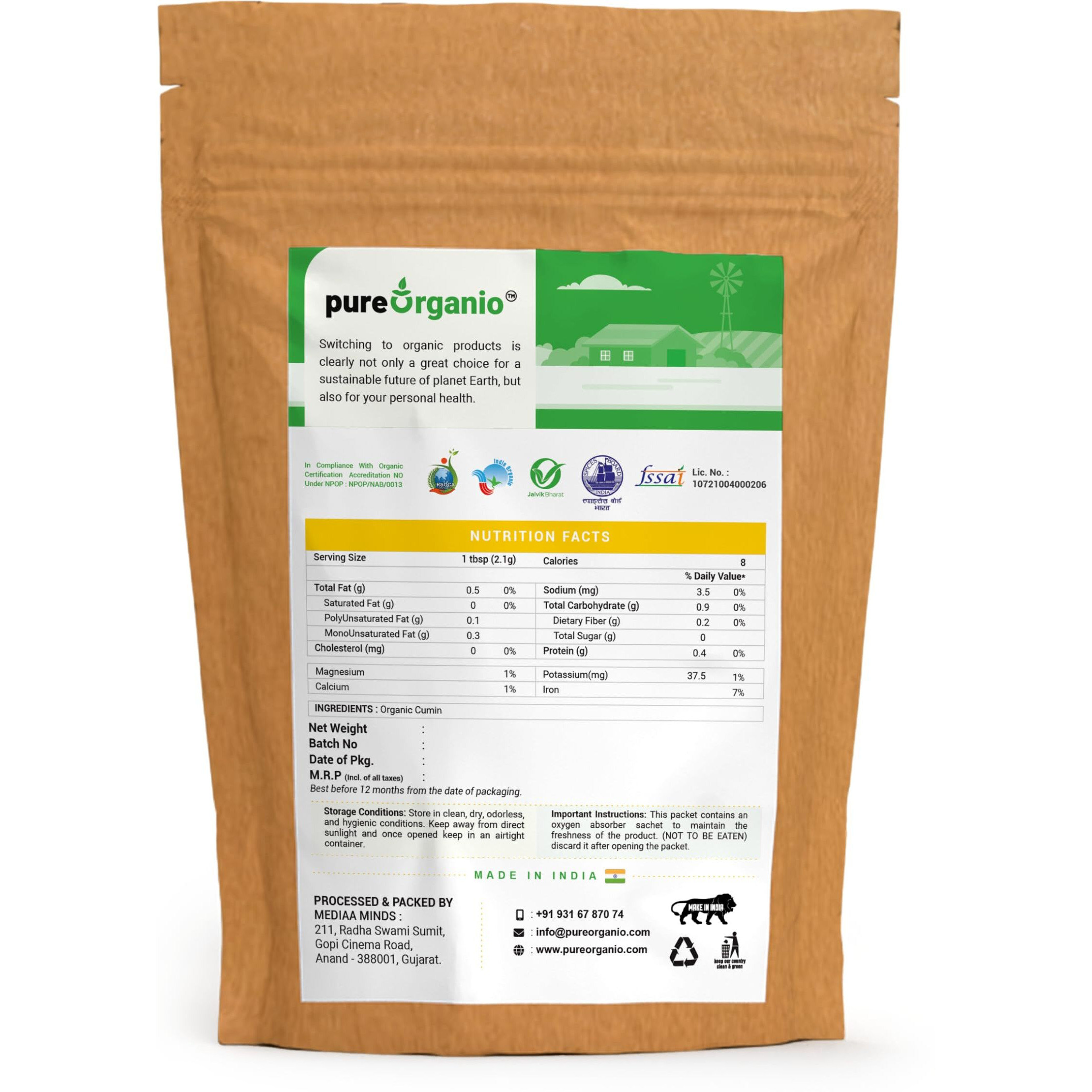 Pure Organio Organic Jeera whole Cumin Seeds Fresh Indian Spices Sabut jira seed zeera NPOP Organic Certified (350 Gm)