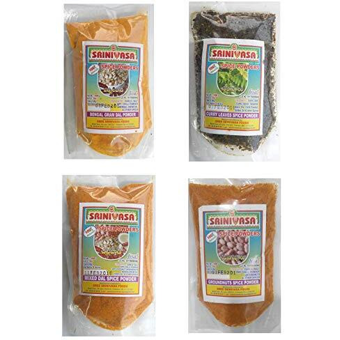 Sreenivasa Andhra Special Spicy Powder Combo - Pack of 4 x 100gm (Bengal Gram Dal Powder, Curry Leaves Spicy Powder, Mixed Dal Spicy Powder & Groundnut Spicy Idly Powder)