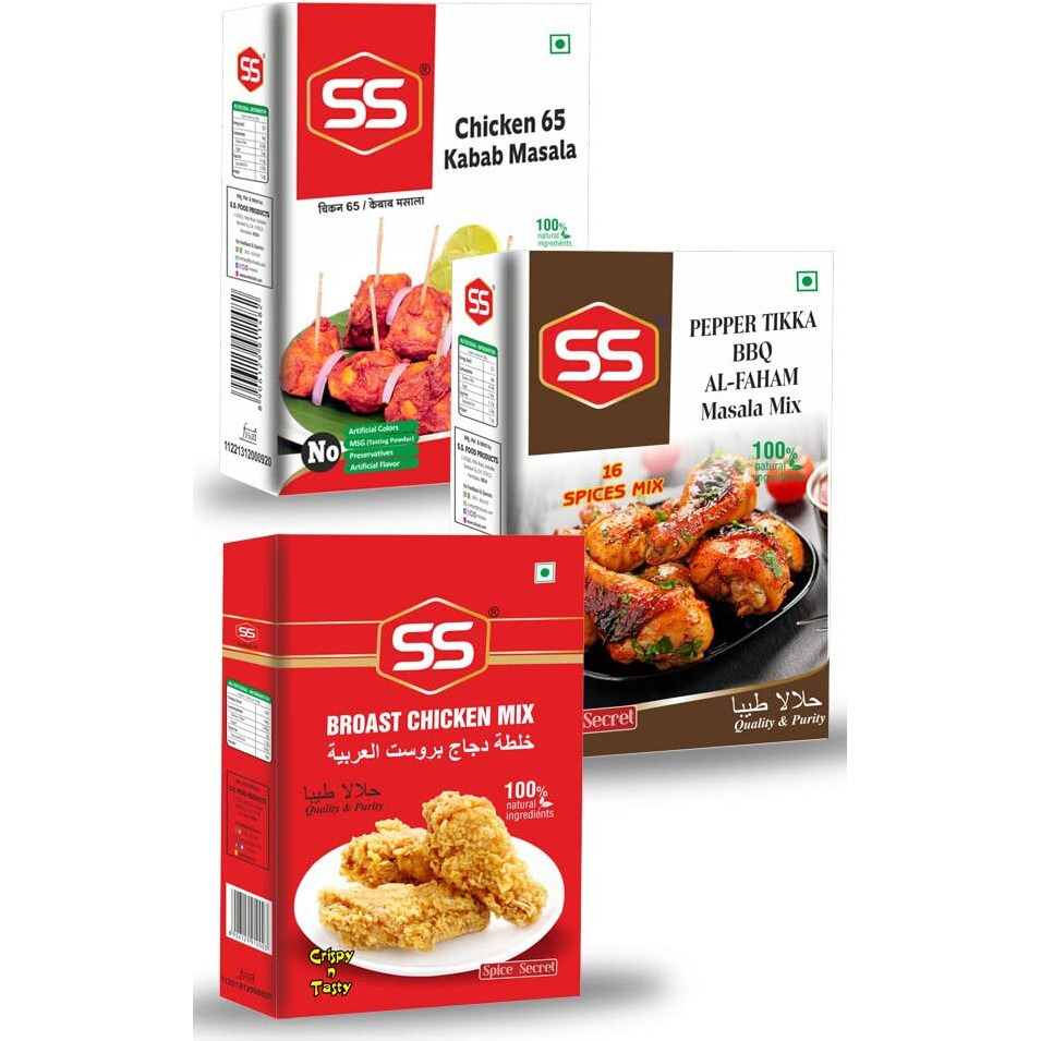 Broasted Chicken Fry Mix, BBQ Masala and Chicken 65 Masala Kabab Powder, 200g each Ready Masalas Combo