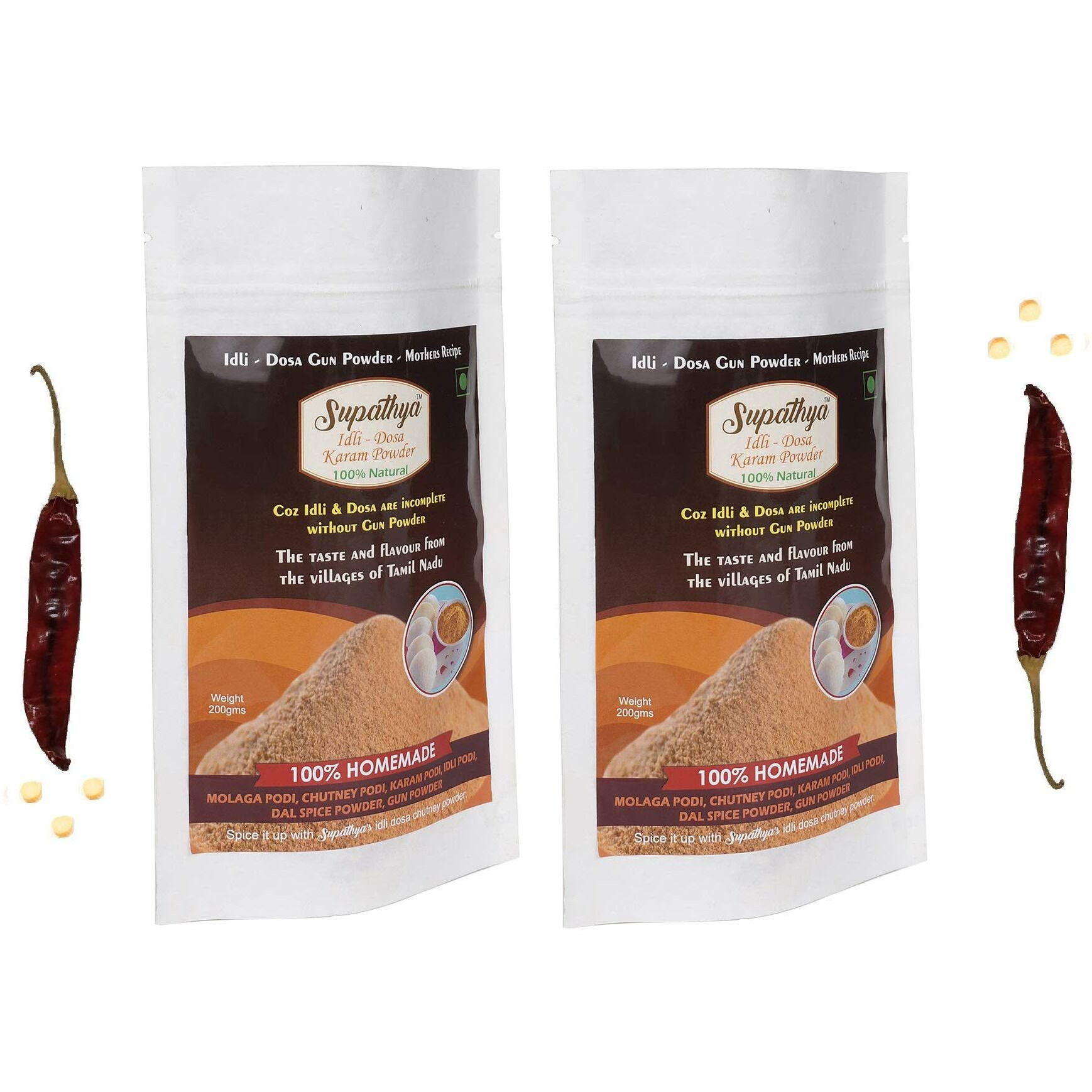 Supathya Karam Molaga podi - Idli Dosa Chilli Powder - Chutney milagai podi - Gun Powder - 200g + 200g - Pack of 2 (Spice Low - Texture Fine)