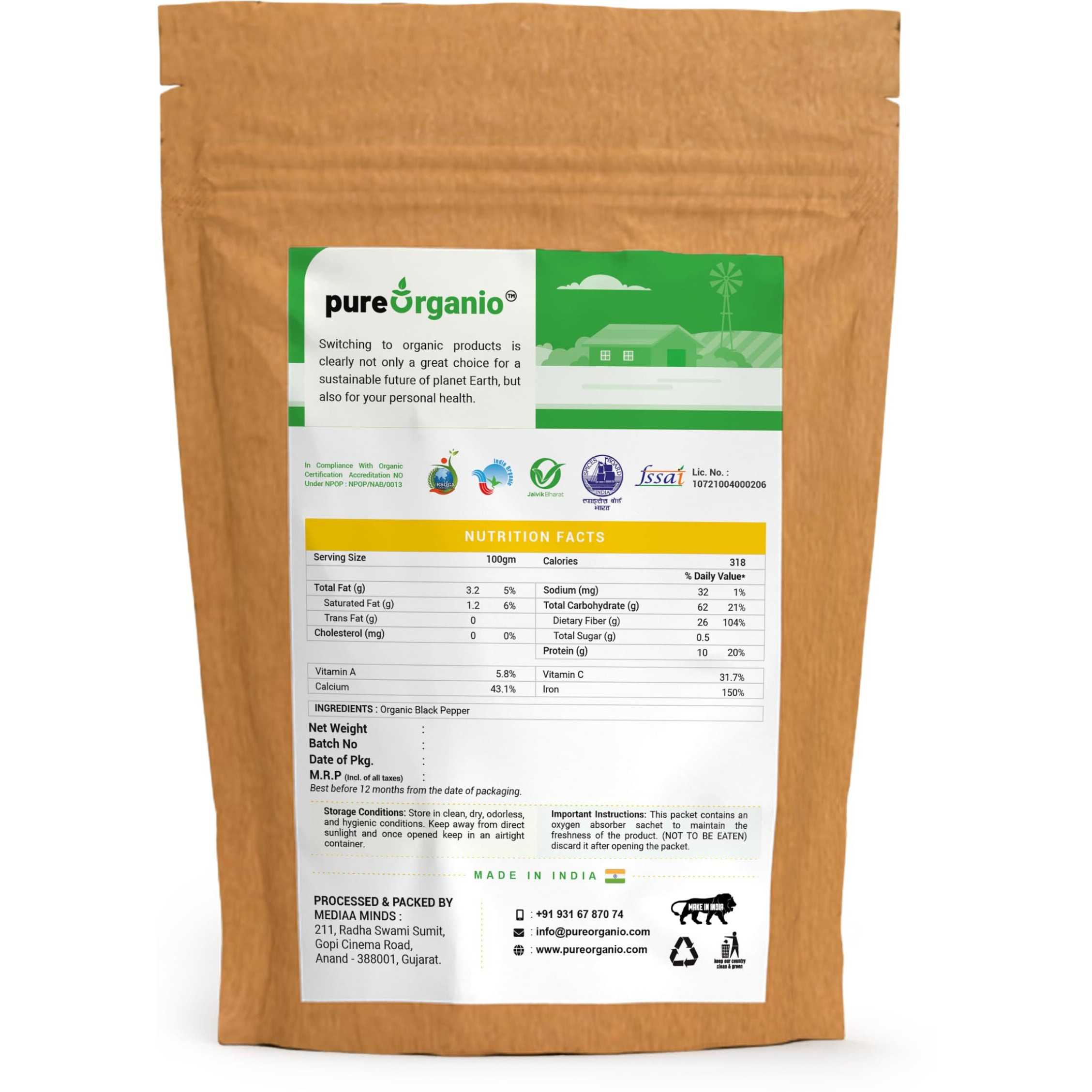 Pure Organio Organic Black Pepper Powder Kali Mirch Powder for Cooking, Salad Dressing, Vegetables - Fresh Ground Organic Spice NPOP Organic Certified (100 Gm)