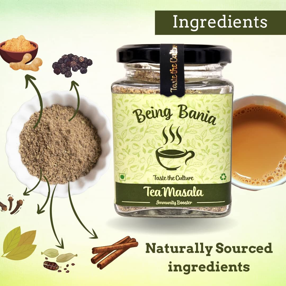 Being Bania Premium Tea Masala | Tea Powder , 100 Gms | Authentic Indian Chai Masala | 100% Natural Ingredients | No Added Sugar | No Added Preservatives | Immunity Booster | Helps in Cold & Cough | Chai Powder with 7 Spices