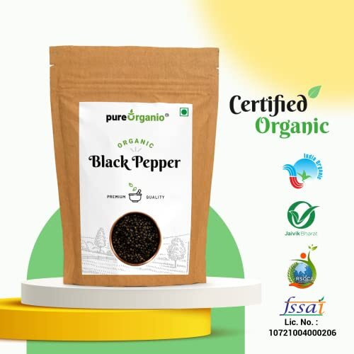 Pure Organio Organic Black Pepper Whole - Organic Black Pappercorn - Kali Mirch - NPOP Organic Certified (200 Gm)