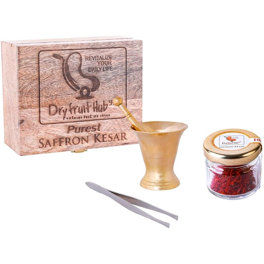 Dry Fruit Hub Saffron Original Mongra Kesar 2gm Saffran Kashmir Zaffran | Keshar | kumkumapoovu pregnant women | Pooja | Tilak | Biryani | Kasor | WHO-GMP ISO Certified With Antique Wooden box with Okhalee ( mortar and pestle )