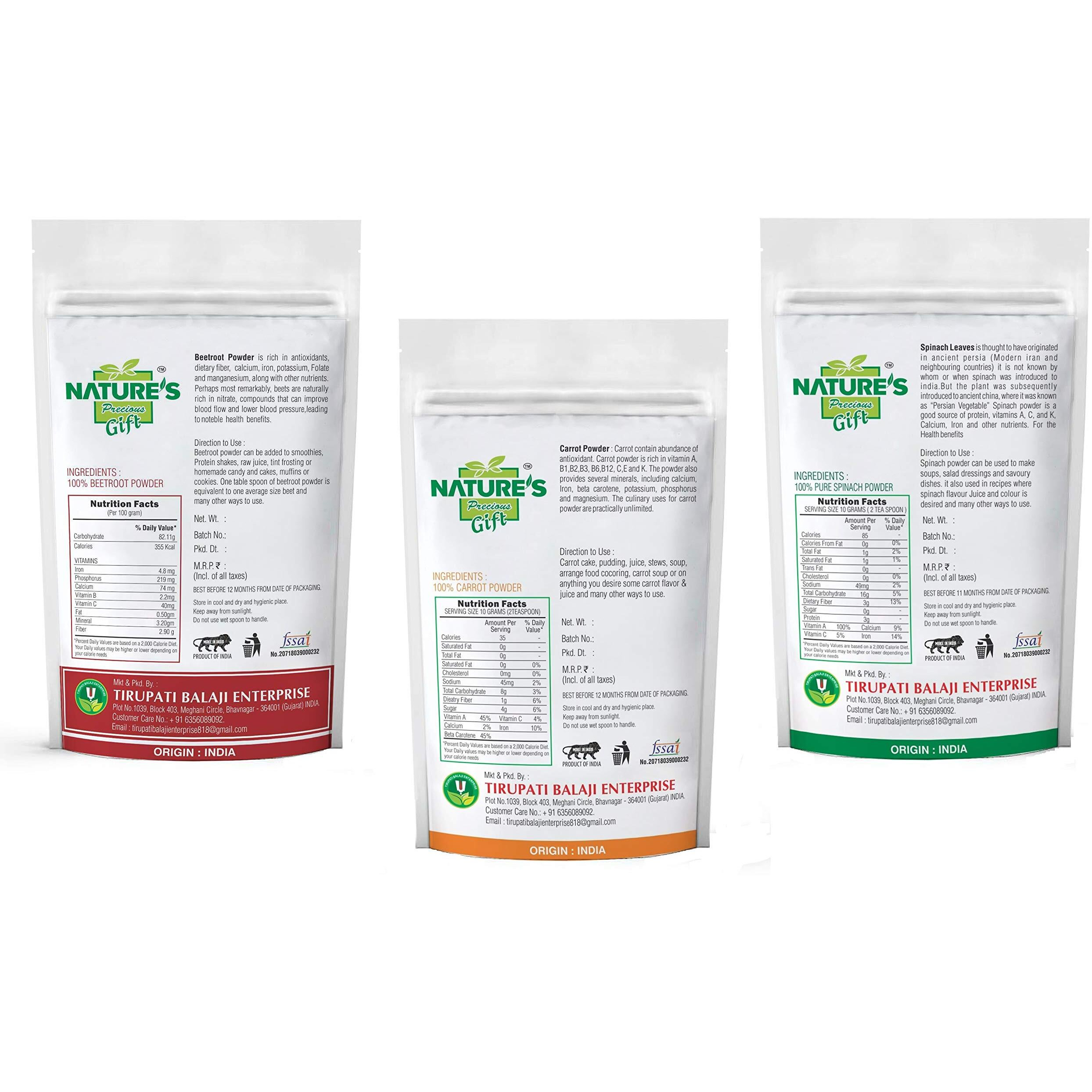 NATURES Precious Gift - Beetroot Powder, Carrot Powder & Spinach Powder Combo Pack - 100 GM Each