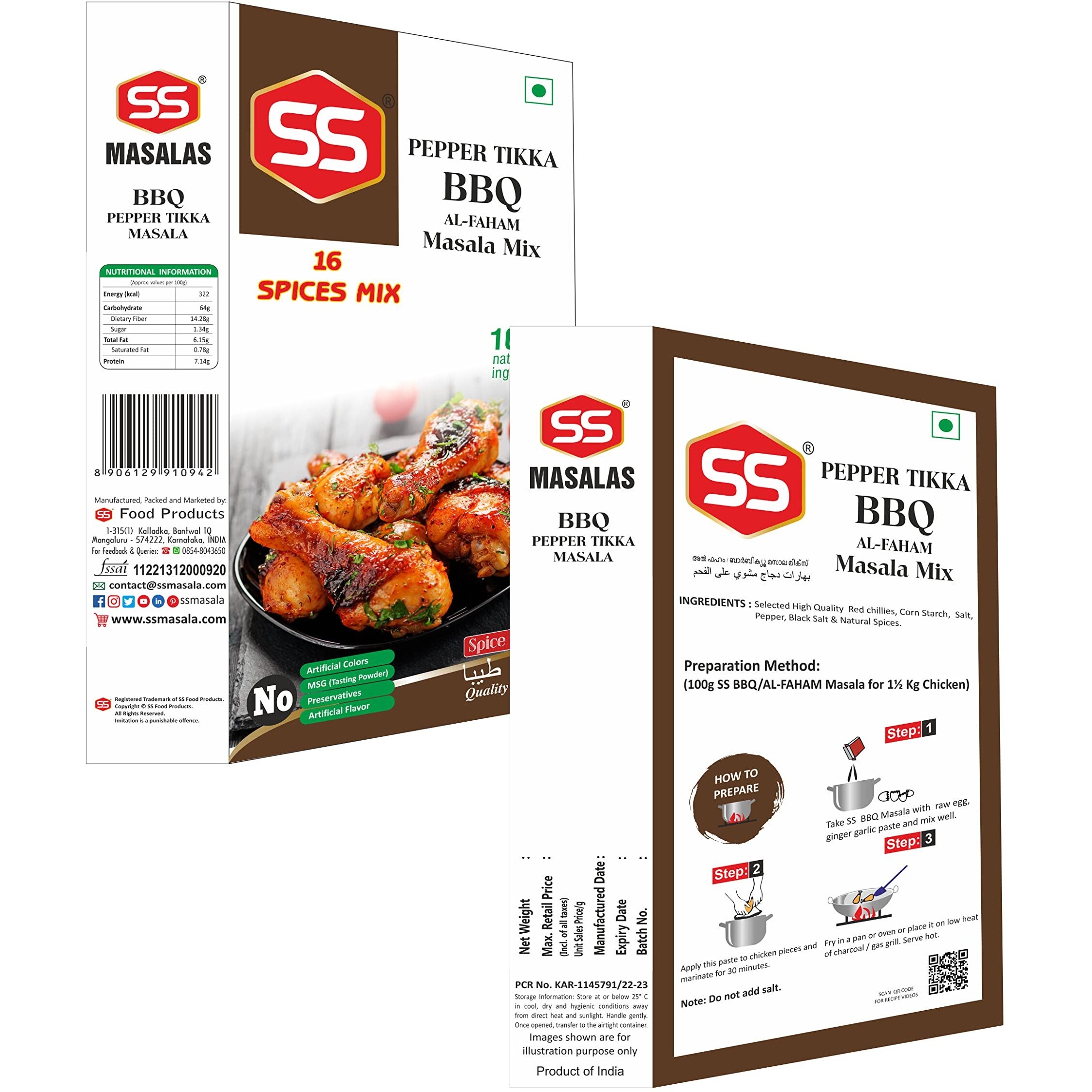 SS MASALAS BBQ Masala Powder 300g. Ready mix Spices for Chicken/Meat/Paneer Barbeque Marination (100g Pack of 3)