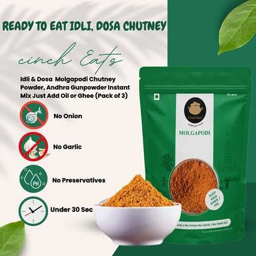 Cinch Eats Ready to Eat Andhra Gunpowder Malgapodi Chutney for Idli and Dosa 330g | Milagai Podi Instant Dry Chutney Powder Gun Podi | Multi Use Taste Maker | No Additives, Colors or Preservatives (3x100g)