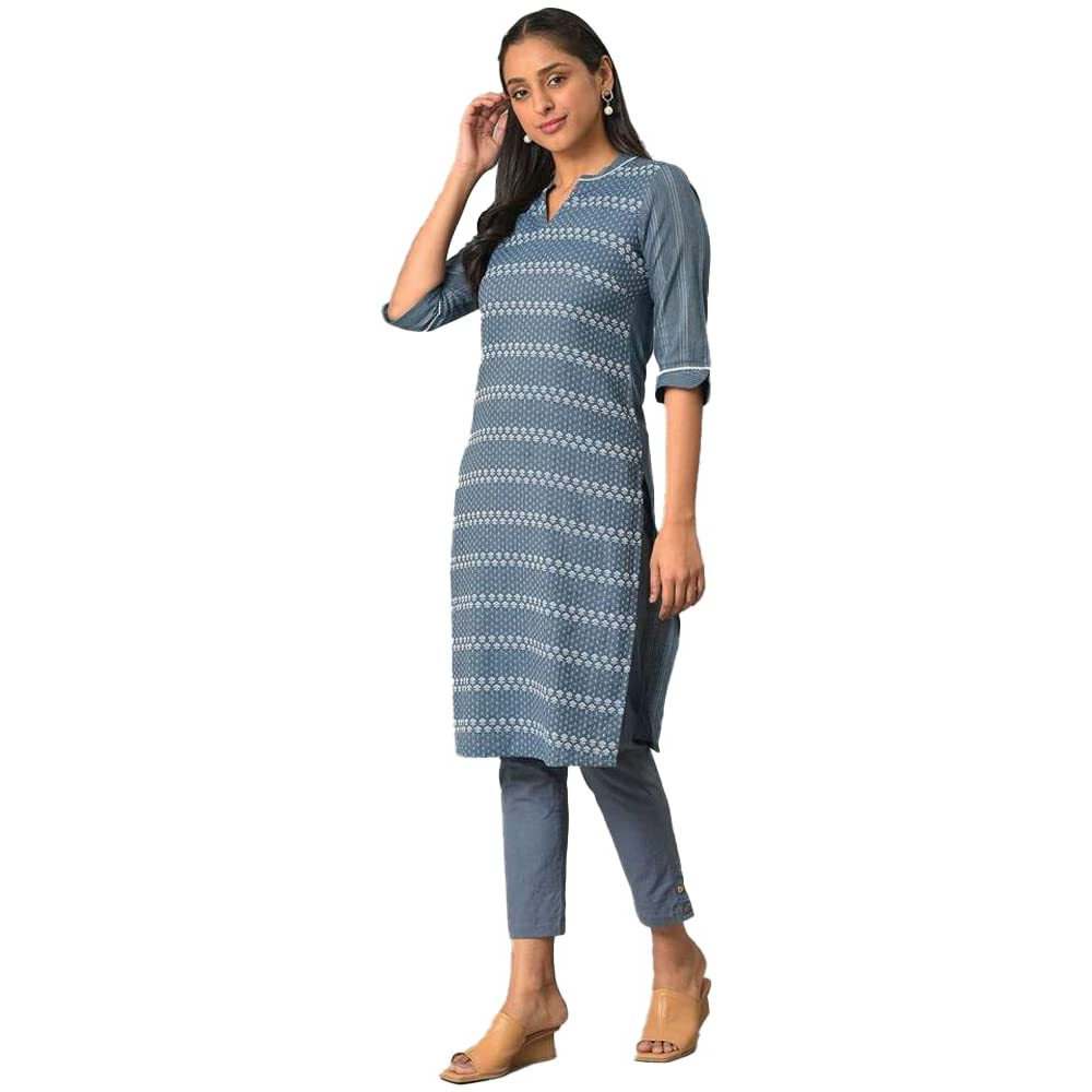 Aurelia Women's Cotton Solid Regular Blue Floral Printed Straight Kurta (23FEA13935-703844