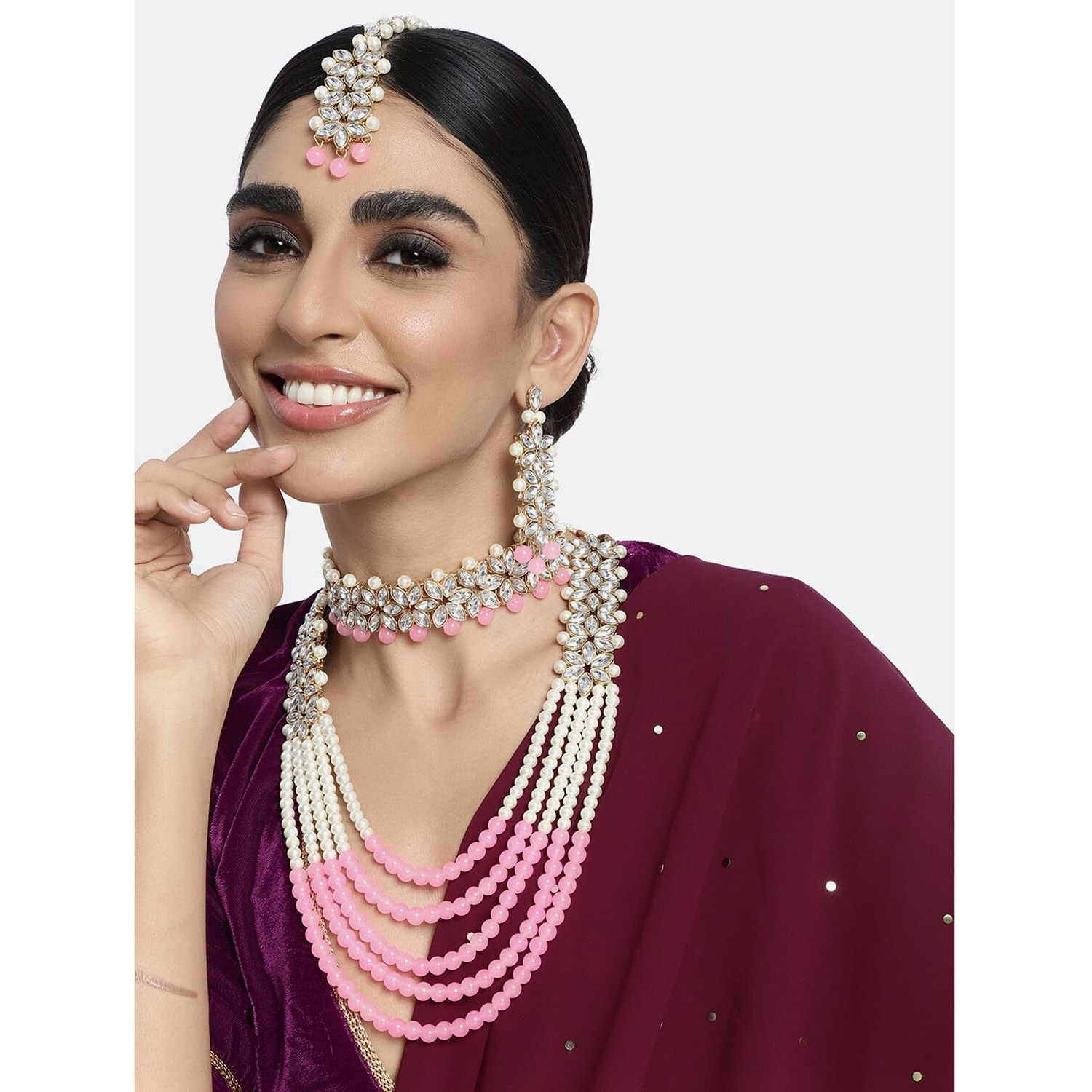 Peora Indian Traditional Gold Plated Kundan Faux Pearl Wedding Bridal Necklace Jewellery Set with Earring Maang Tikka for Women Girls