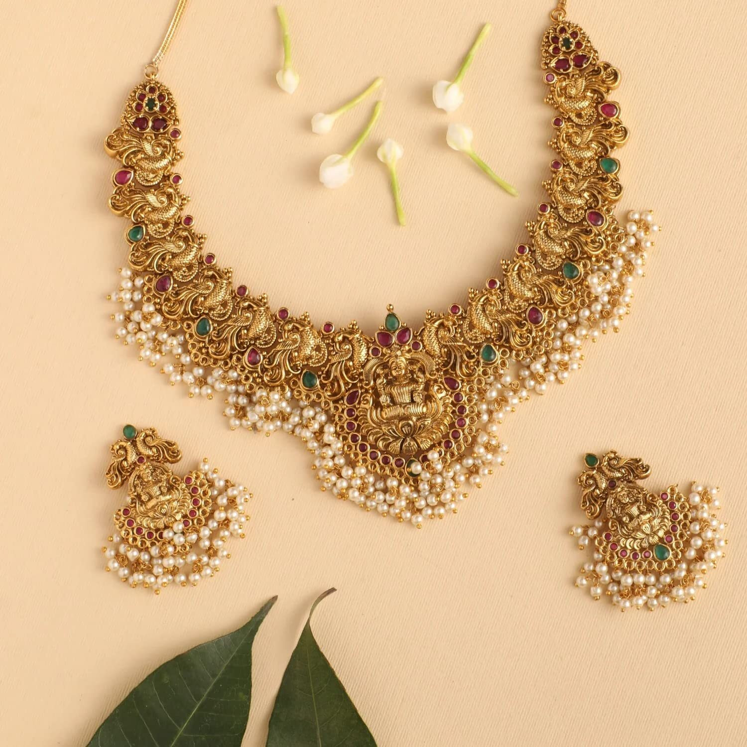 Shining Diva Fashion Latest Stylish Design Fancy Pearl Choker Traditional Temple Necklace Jewellery Set for Women (14822s) (Golden)