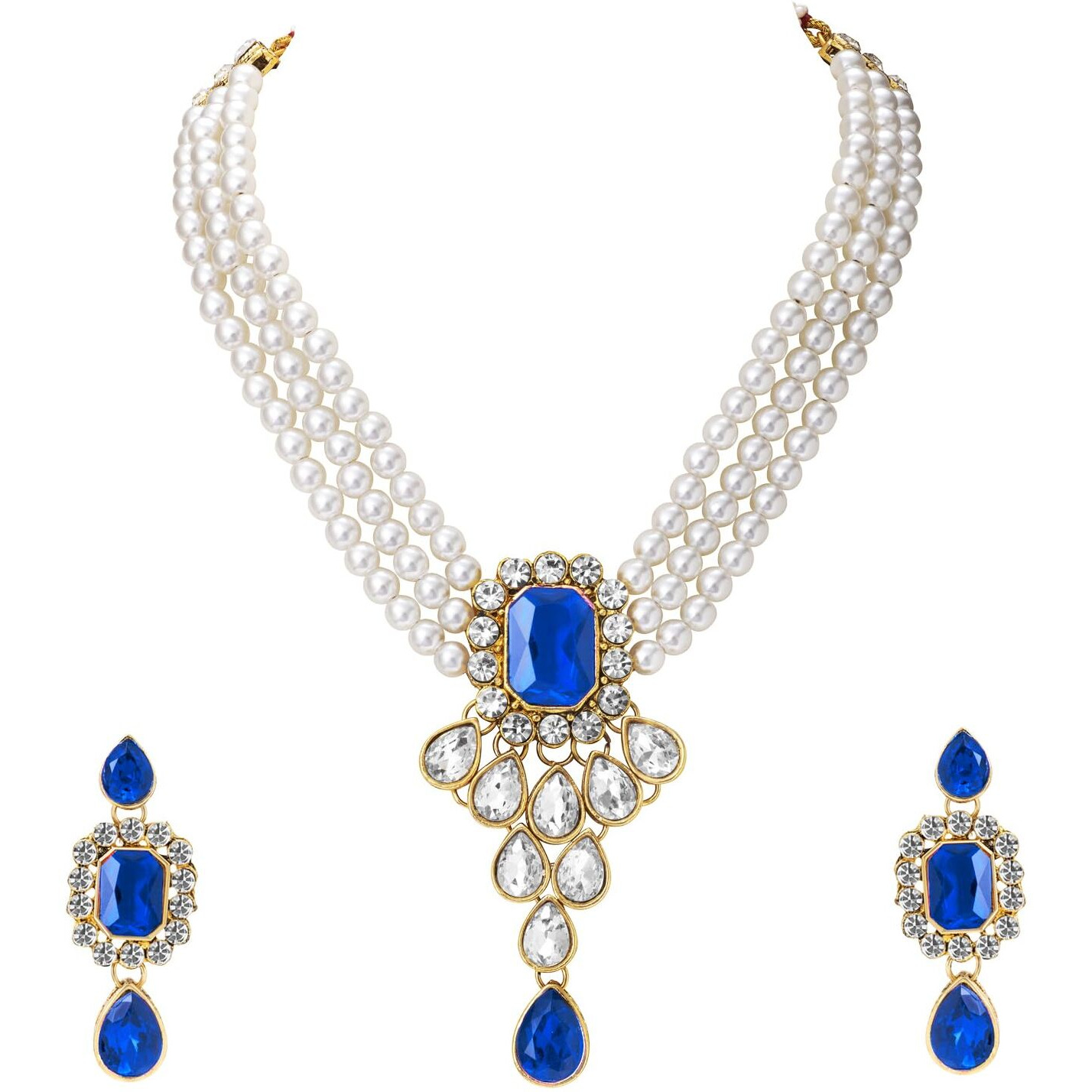 Peora Blue Crystal Pearl Choker Necklace and Drop Earring Traditional Jewellery Set for Women & Girls