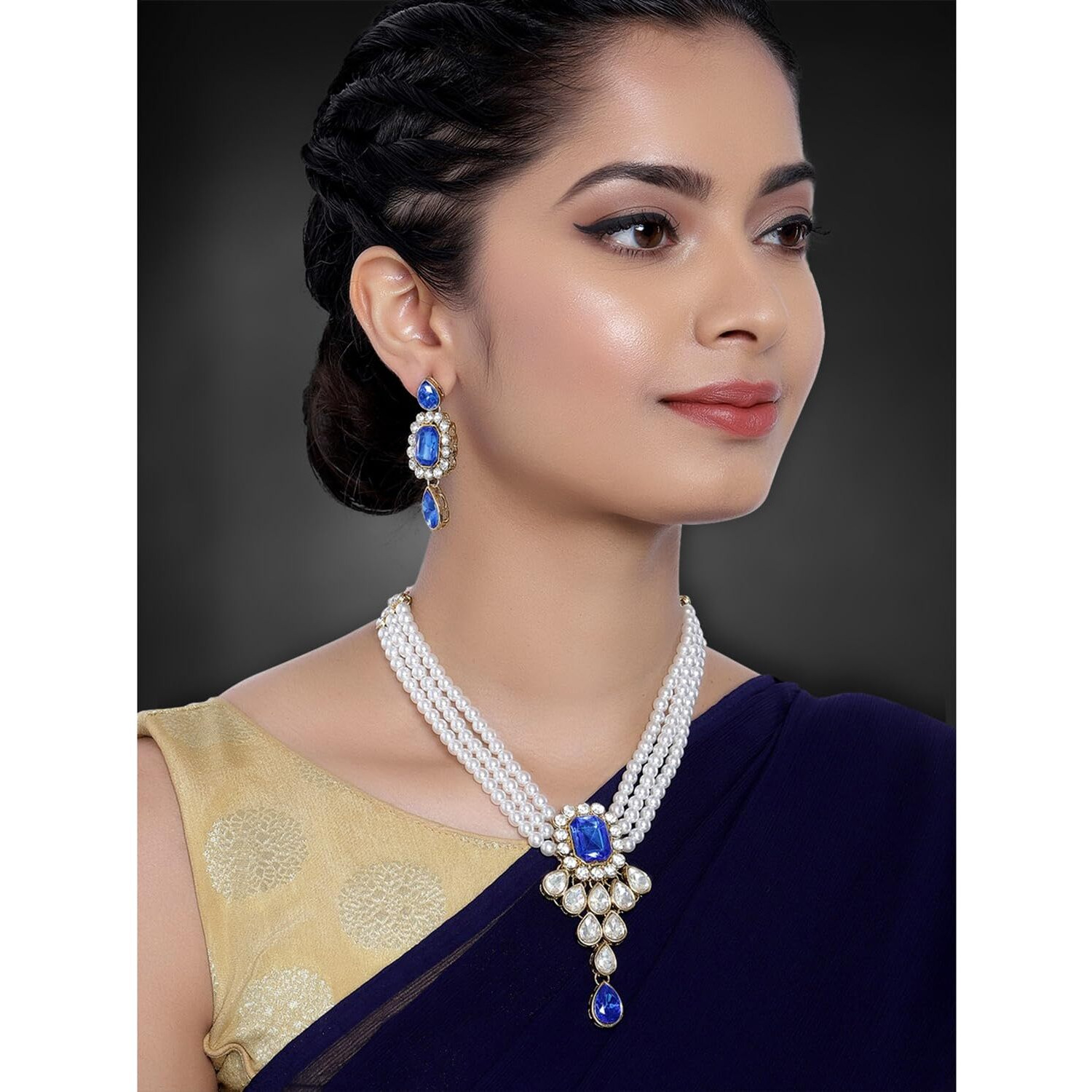 Peora Blue Crystal Pearl Choker Necklace and Drop Earring Traditional Jewellery Set for Women & Girls