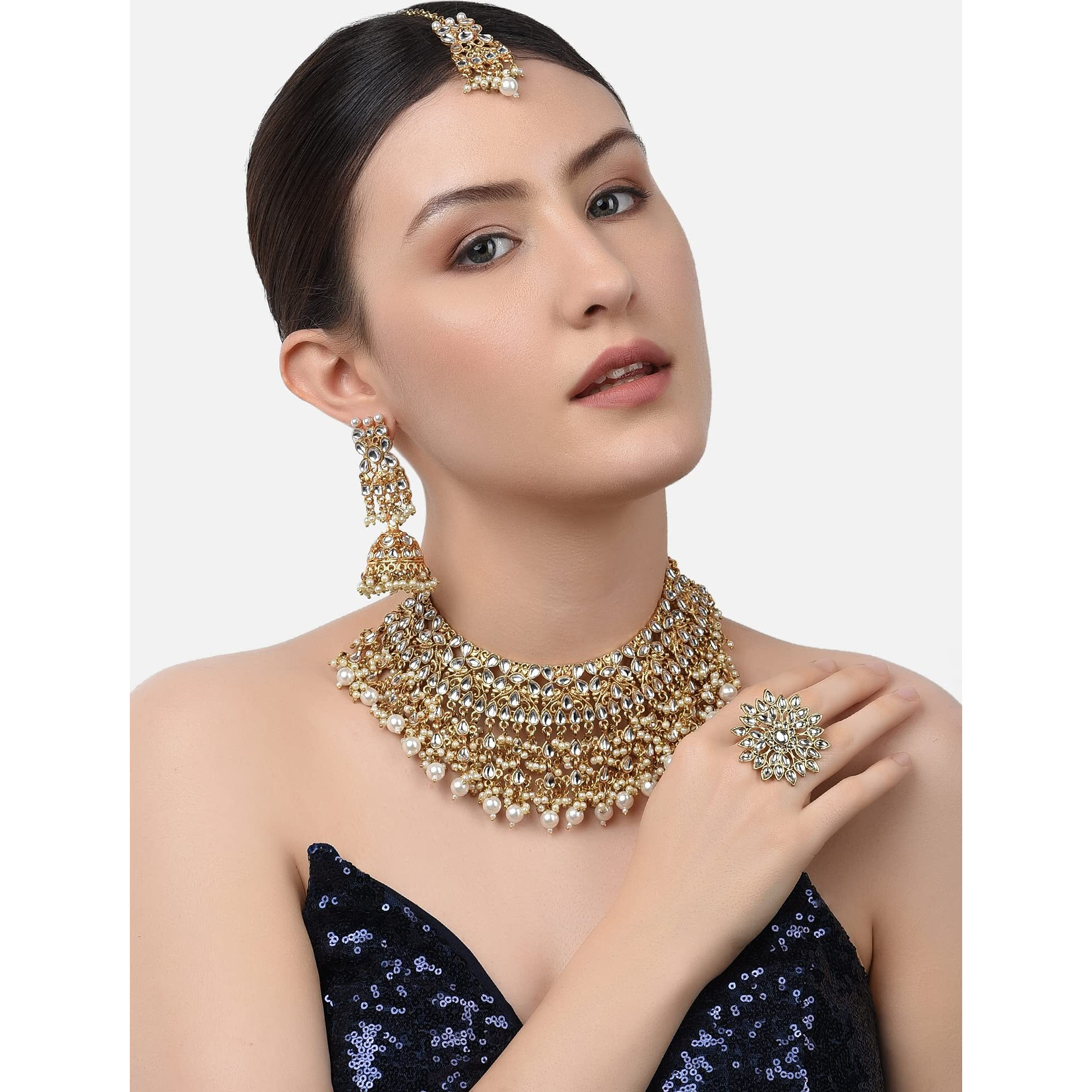 ZAVERI PEARLS Gold Tone Kundan Choker Necklace Earring Maangtikka & Ring Set For Women-ZPFK10799