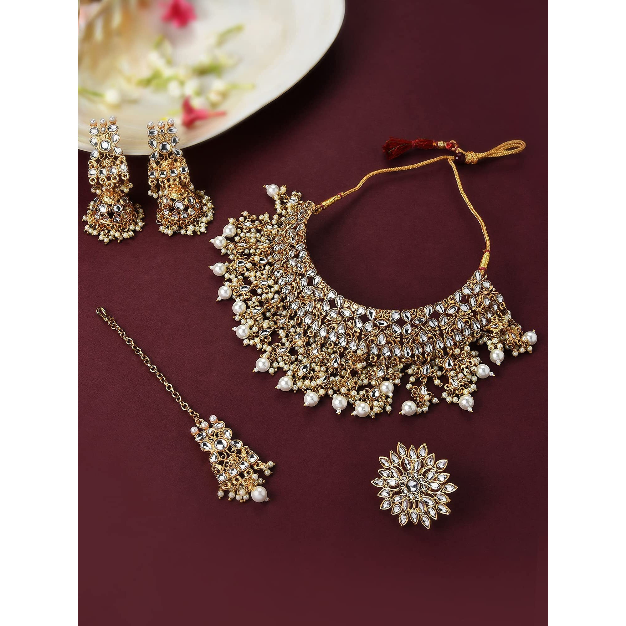 ZAVERI PEARLS Gold Tone Kundan Choker Necklace Earring Maangtikka & Ring Set For Women-ZPFK10799
