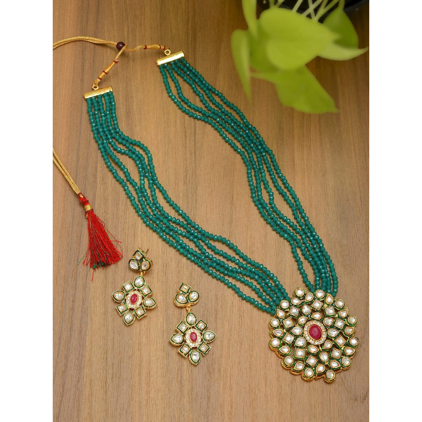 ZAVERI PEARLS Crystal Shine Multistrand Green Beads Ethnic Kundan Necklace & Earring Set For Women-ZPFK9786