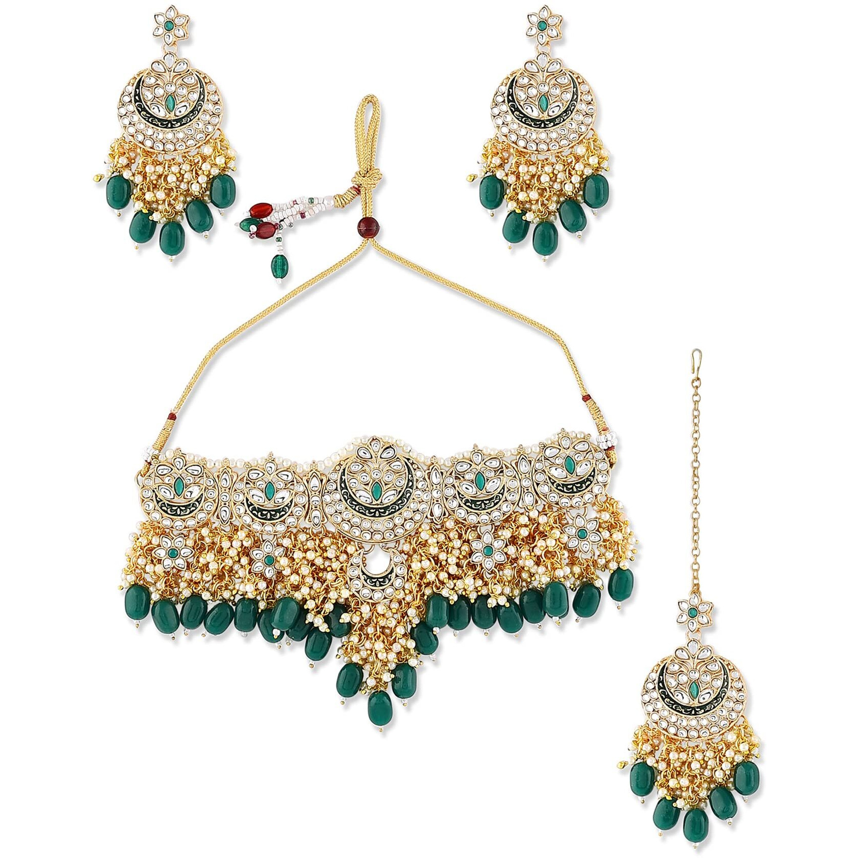 ZAVERI PEARLS Green Meenakari Bridal Choker Necklace Earring & Maangtikka Set For Women-ZPFK10497