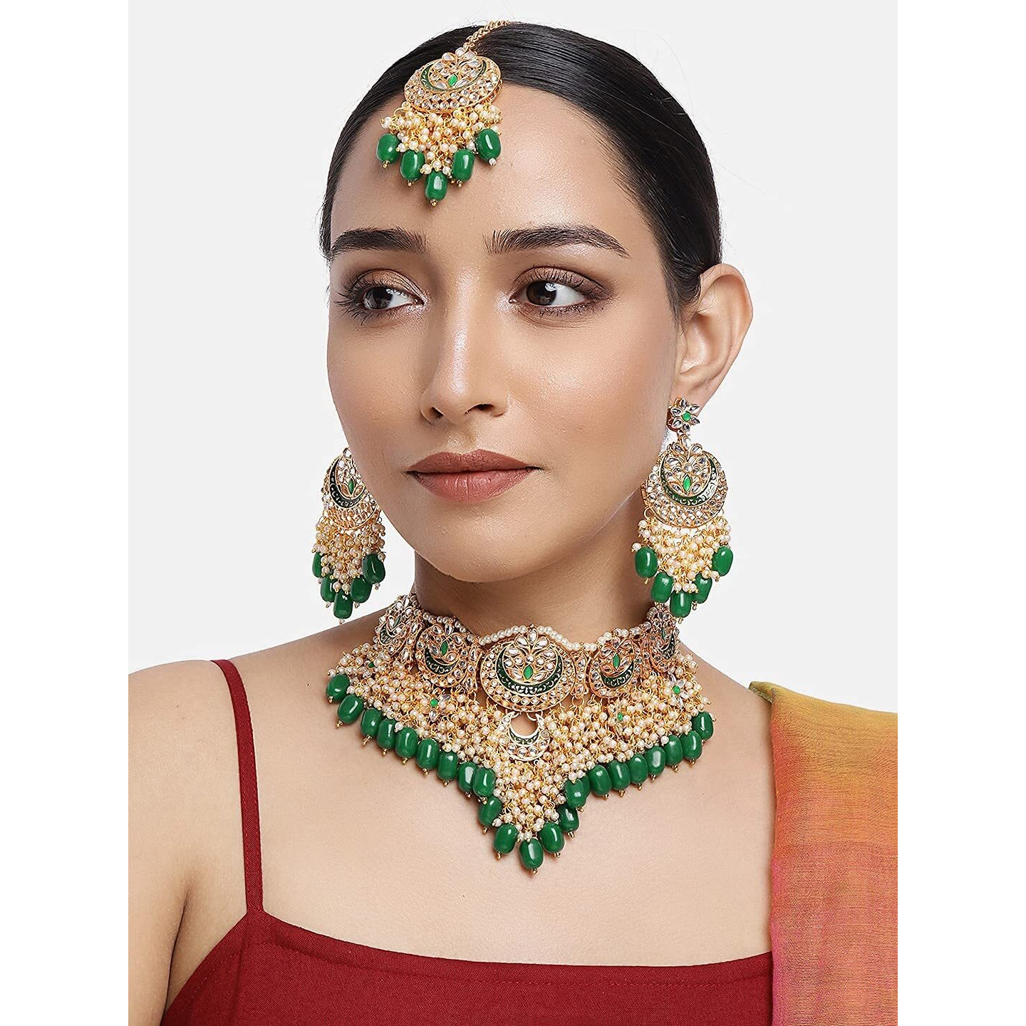 ZAVERI PEARLS Green Meenakari Bridal Choker Necklace Earring & Maangtikka Set For Women-ZPFK10497