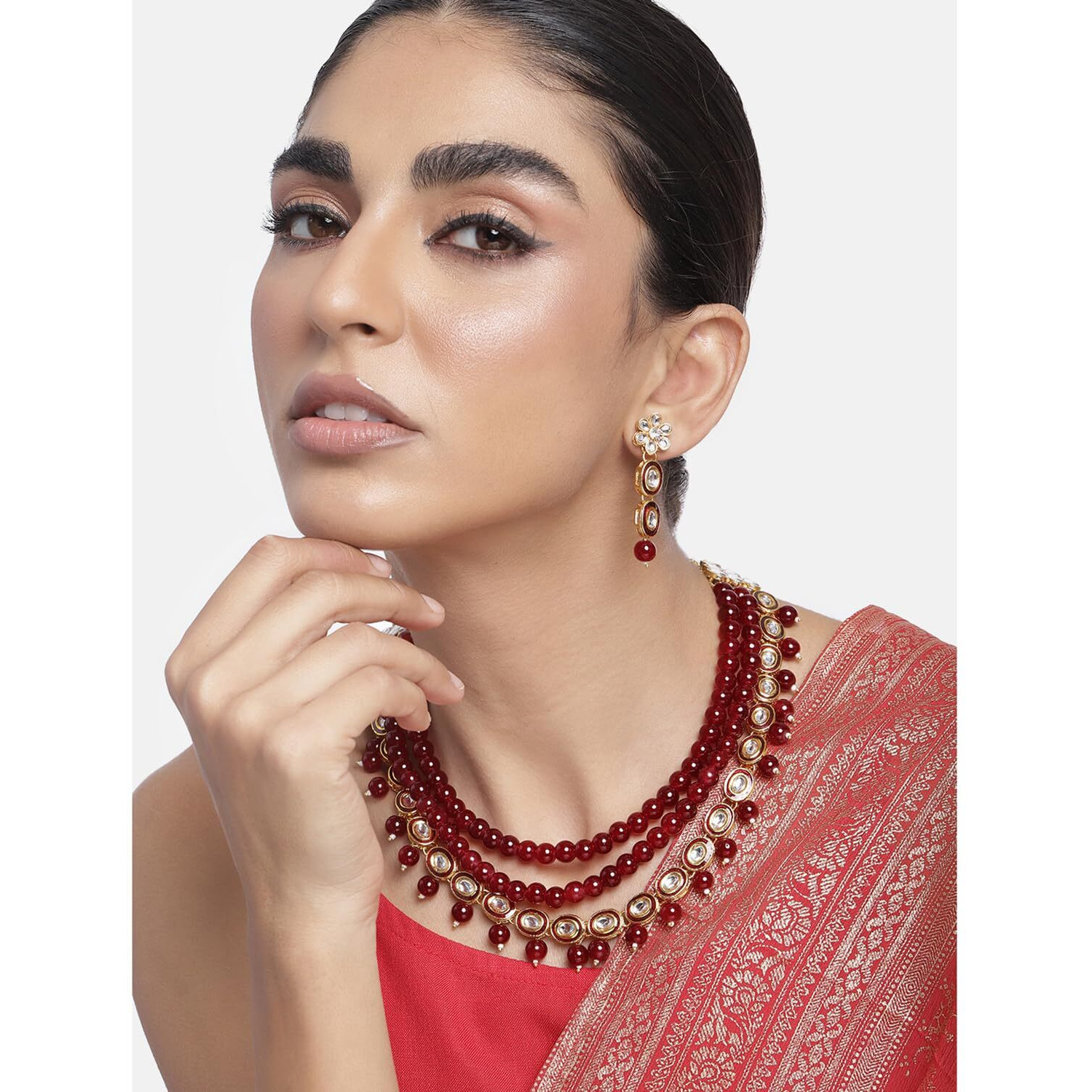 Peora Gold Plated Kundan Pearl Long Necklace with Earring Indian Traditional Jewellery Set for Women Girls