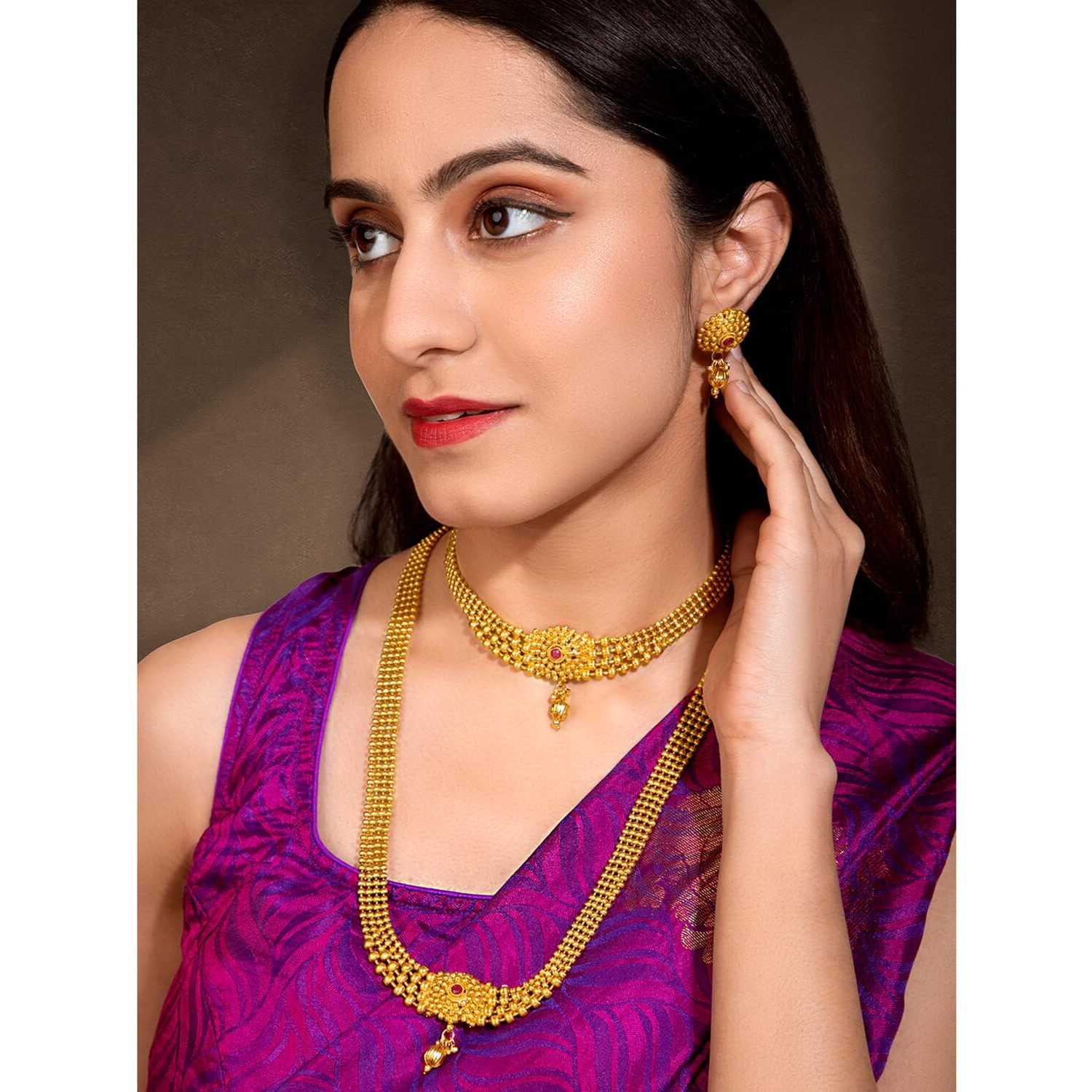 Peora Rani Pink Traditional Gold Plated Maharani Haar Necklace with Earrings South Indian Traditional Festive Bridal Wear Jewellery Set for Women