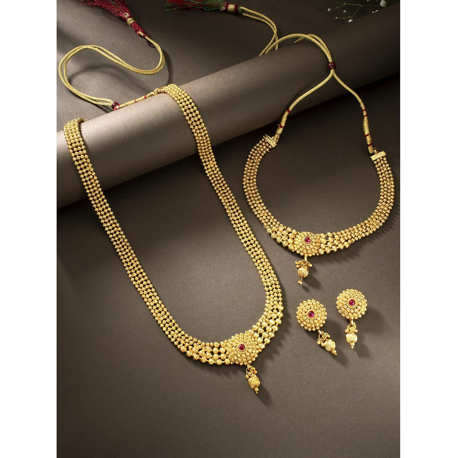 Peora Rani Pink Traditional Gold Plated Maharani Haar Necklace with Earrings South Indian Traditional Festive Bridal Wear Jewellery Set for Women