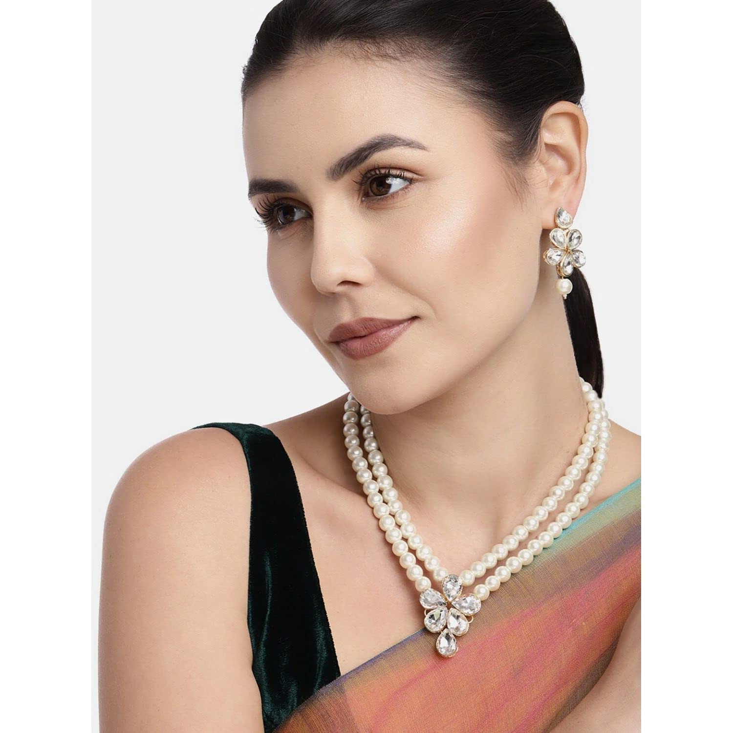 I Jewels 18k Gold Plated Traditional Kundan & Pearl Studded Necklace Jewellery Set For Women (ML311W)