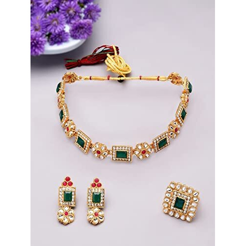 ZAVERI PEARLS Green & Pink Stones Ethnic Collar Bone Necklace Earring & Ring Set For Women-ZPFK11665