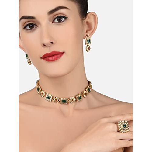 ZAVERI PEARLS Green & Pink Stones Ethnic Collar Bone Necklace Earring & Ring Set For Women-ZPFK11665