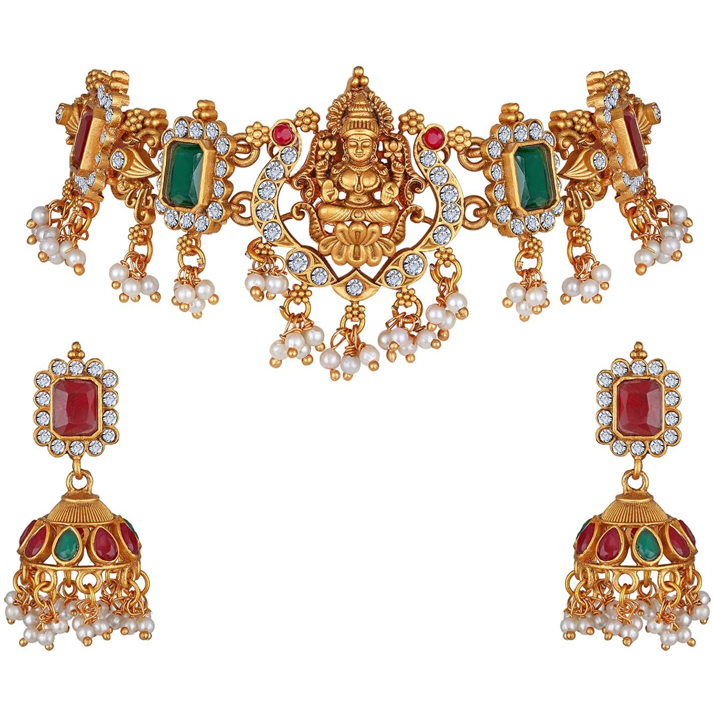 Shining Diva Fashion Latest Stylish Design Fancy Pearl Choker Traditional Temple Necklace Jewellery Set for Women (13873s) (Golden)
