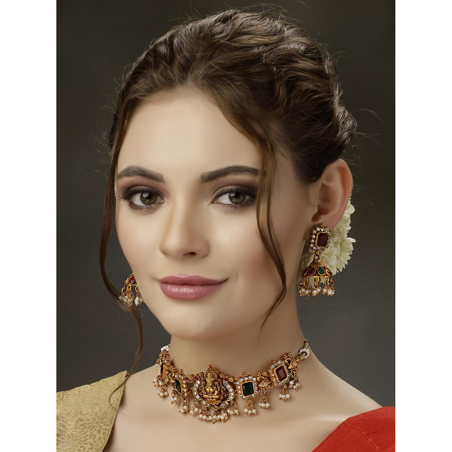 Shining Diva Fashion Latest Stylish Design Fancy Pearl Choker Traditional Temple Necklace Jewellery Set for Women (13873s) (Golden)