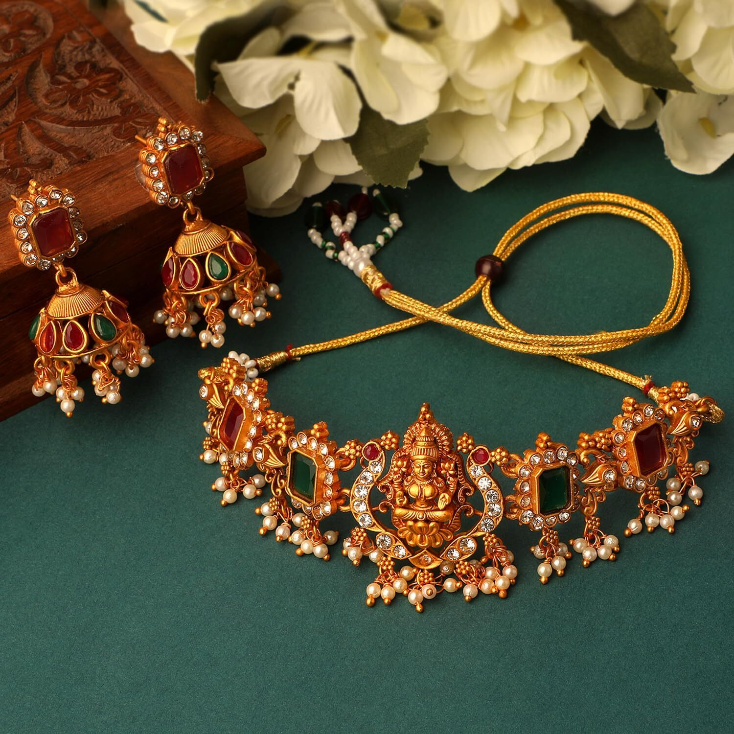Shining Diva Fashion Latest Stylish Design Fancy Pearl Choker Traditional Temple Necklace Jewellery Set for Women (13873s) (Golden)