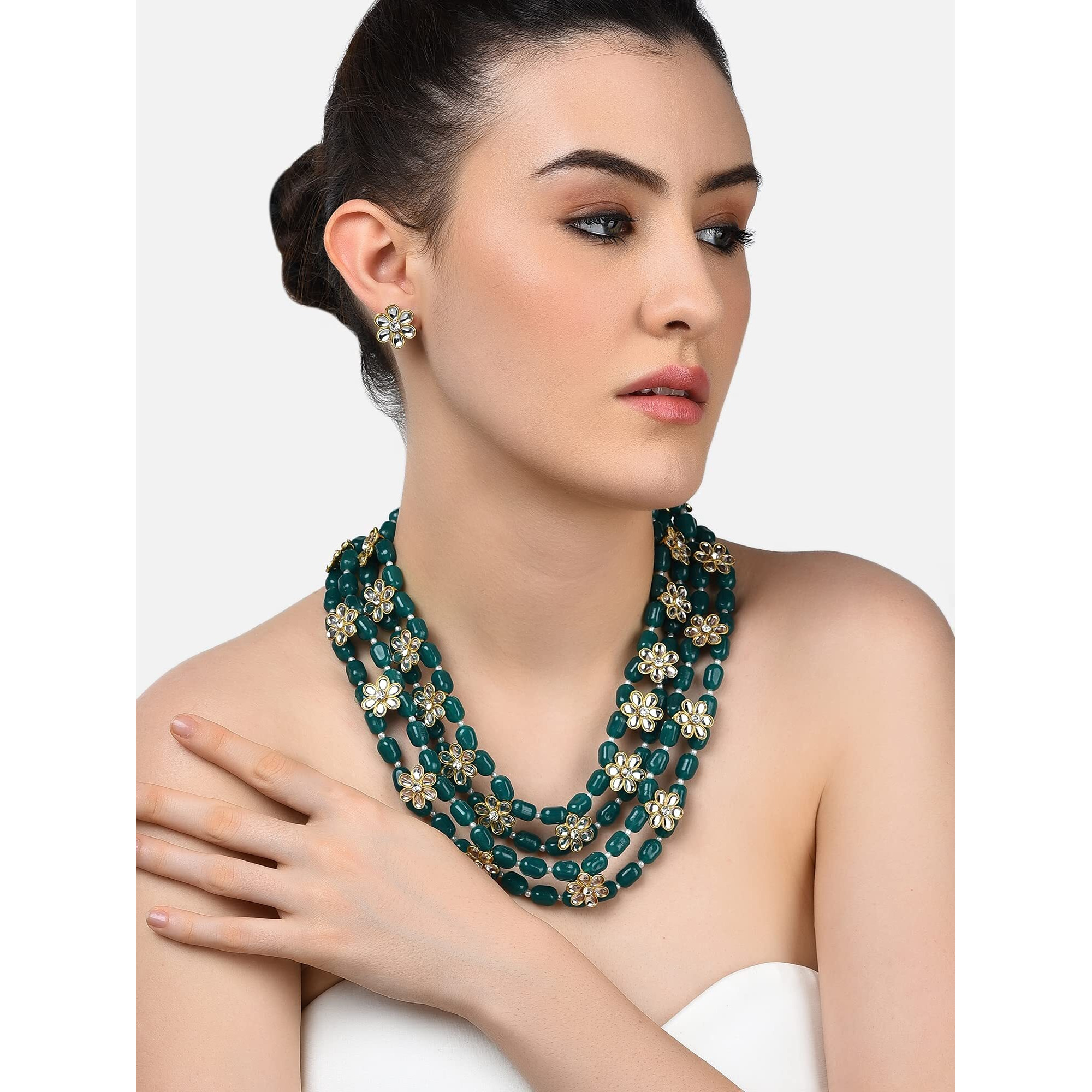 ZAVERI PEARLS Green Beads & Floral Kundan Necklace Set For Women-ZPFK9098