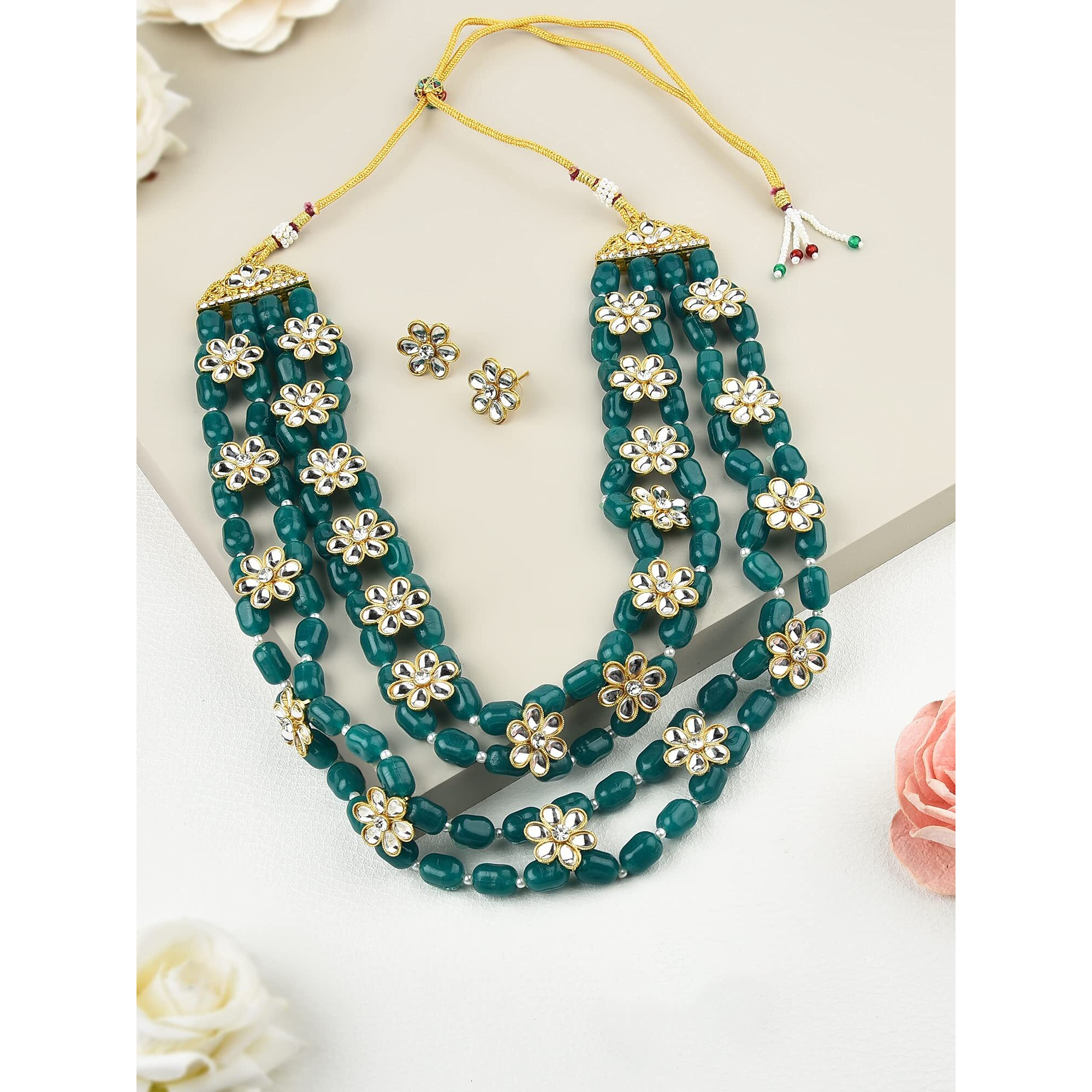 ZAVERI PEARLS Green Beads & Floral Kundan Necklace Set For Women-ZPFK9098