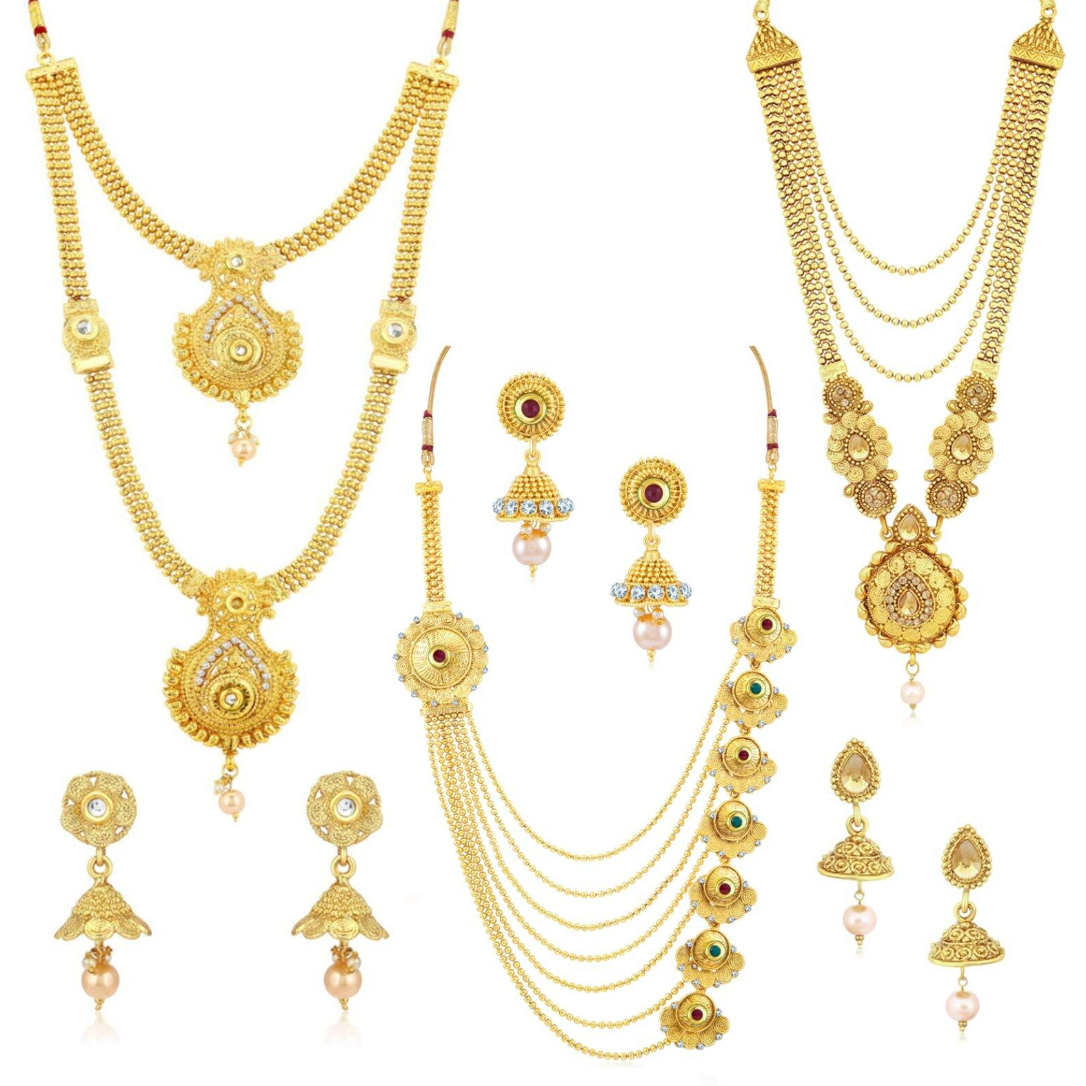 Sukkhi Ethnic Gold Plated Kundan Multi-String Set of 3 Necklace with Jhumki Earrings Combo for Women & Girls (SKR48716)
