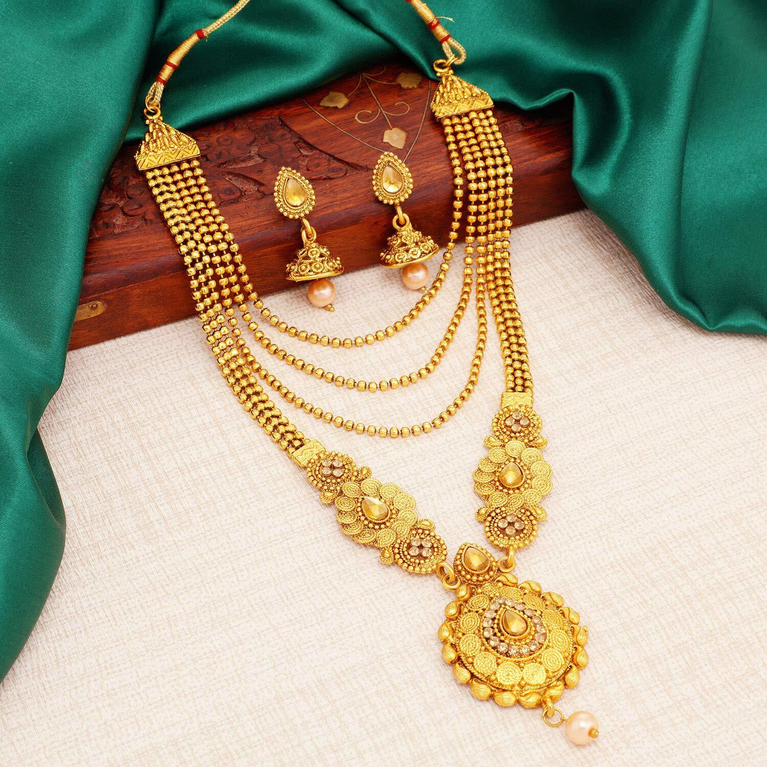 Sukkhi Ethnic Gold Plated Kundan Multi-String Set of 3 Necklace with Jhumki Earrings Combo for Women & Girls (SKR48716)