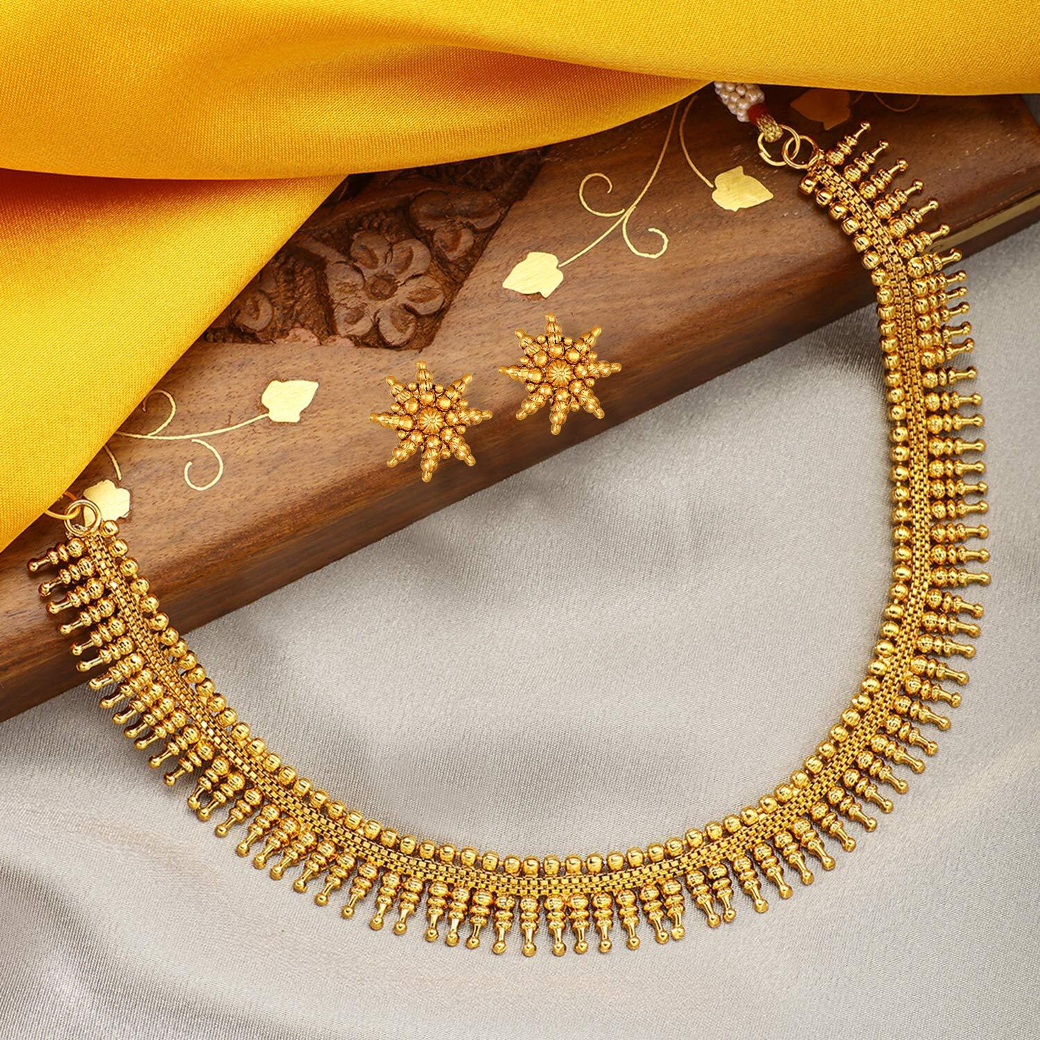 Peora Traditional Gold Plated Maharani Necklace with Earrings South Indian Traditional Festive Bridal Wear Jewellery Set for Women Girls